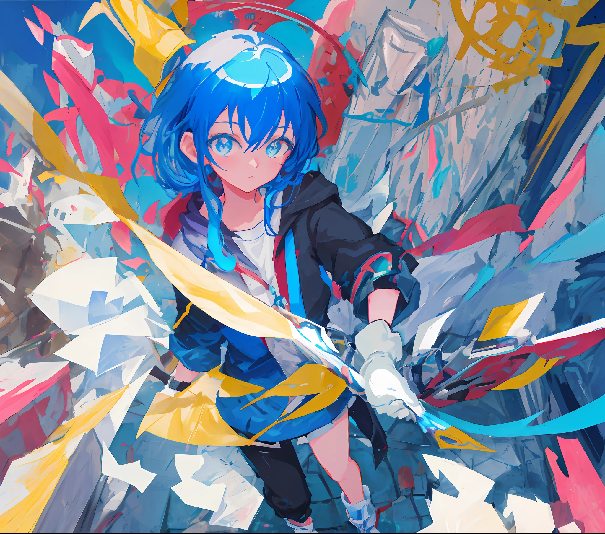 Close up of a cartoon girl with blue hair and gloves, full body commission for, oc commission, commission for high resolution, commission art, commissions for, commission, anime moe art style, official fanart, author：Master of Han Chinese, official character art, official character illustration, painttoolsai!! Blue, pixiv contest winner, 2 d anime style