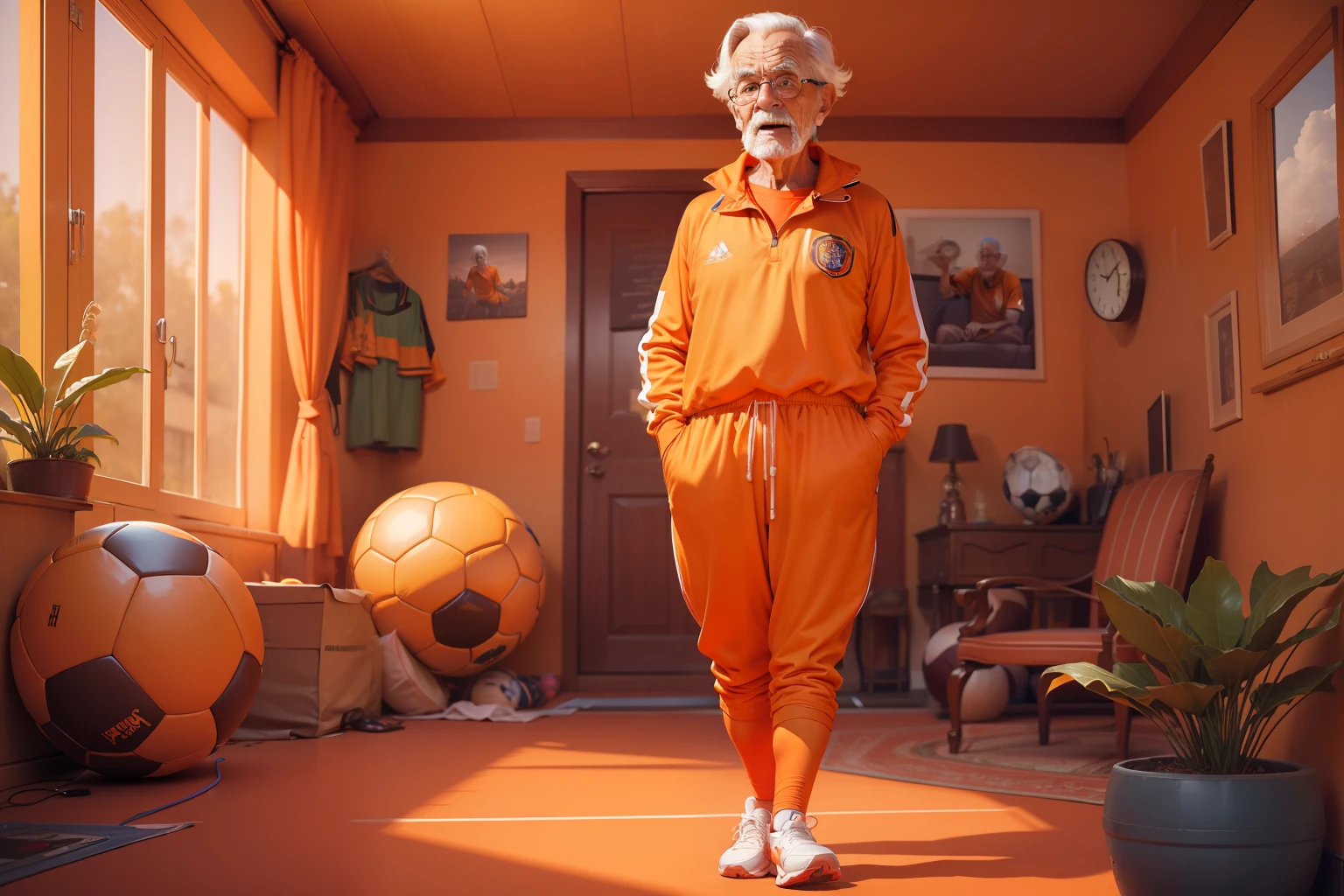 Elderly man, dressed in an orange soccer outfit, bulbous pants, eager and excited for the match to start. --auto