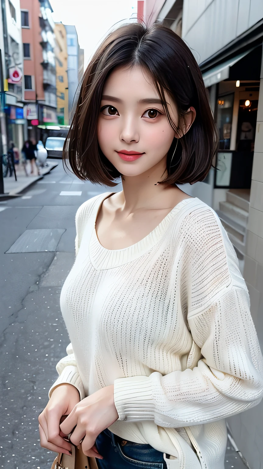 ​masterpiece、top-quality、超A high resolution、(photographrealistic:1.4)、((1girl in、White fair skin:1.4、age19、spotless、cute little、A dark-haired、bobhair_cut、shorth hair、Normal breasts:1.6))((Casual wear))、(portrait of japanese famous actress)、(A smile、Happiness、Joy、jolly、closes mouth)、、High detailed eyes、long neck、bangss、Lashes、Big eyes、In the street、Sweaters、Casual wear、The shirt、Long