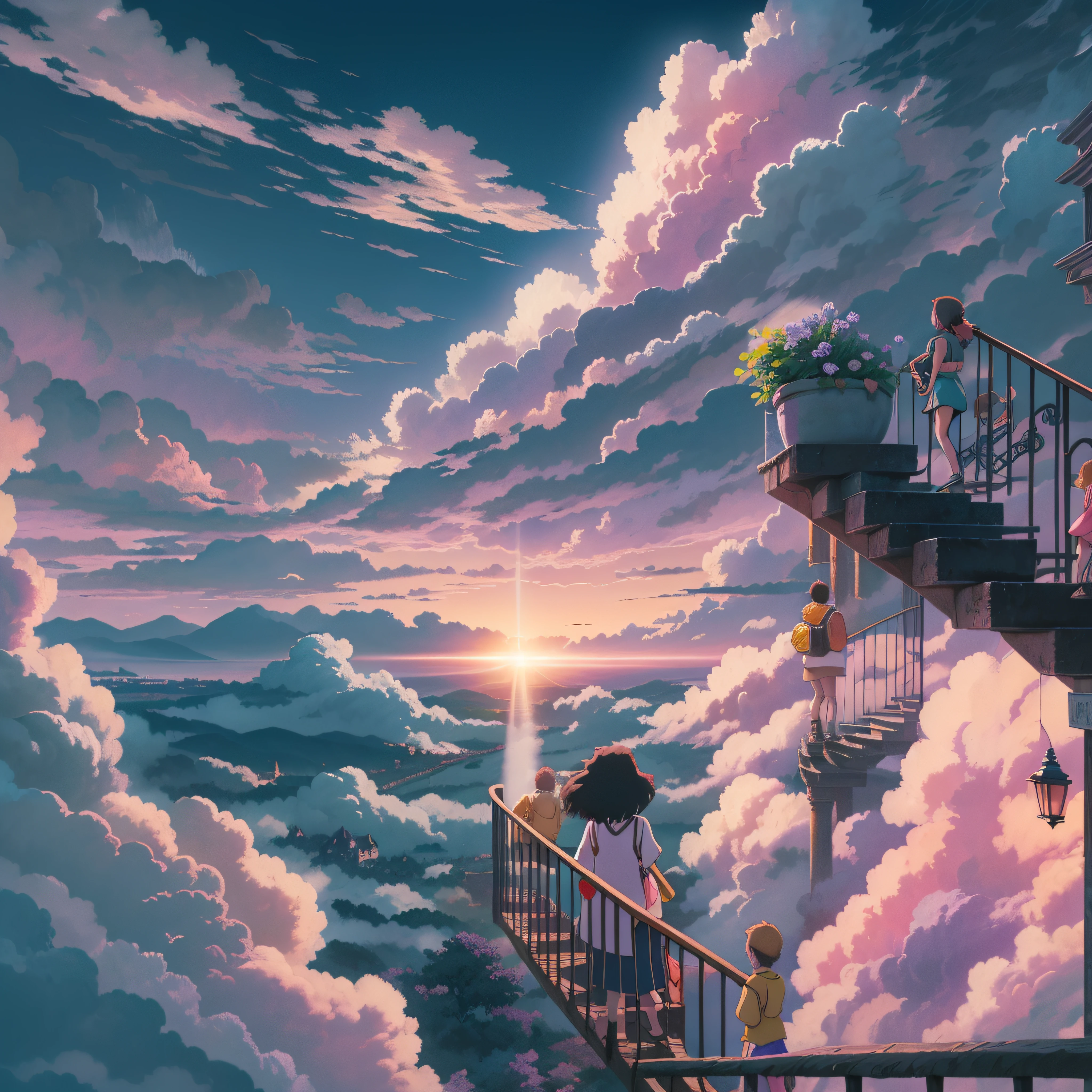 animesque、Skyscape with clouds、Purple sunset sky、Deities々Shikai、stairway、You can see the touch of the brush、no human figures、Studio Ghibli、Ghibli、Scenery、Style、The light is sparkling、sky line