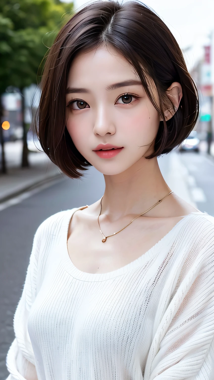 masterpiece、top-quality、超A high resolution、(photographrealistic:1.4)、((1girl in、White fair skin:1.4、age19、spotless、cute little、A dark-haired、bobhair_cut、shorth hair、Normal breasts:1.6))((Casual wear))、(portrait of japanese famous actress)、(A smile、Happiness、Joy、jolly、closes mouth)、、High detailed eyes、long neck、bangss、Lashes、Big eyes、In the street、Sweaters、Casual wear、The shirt、Long