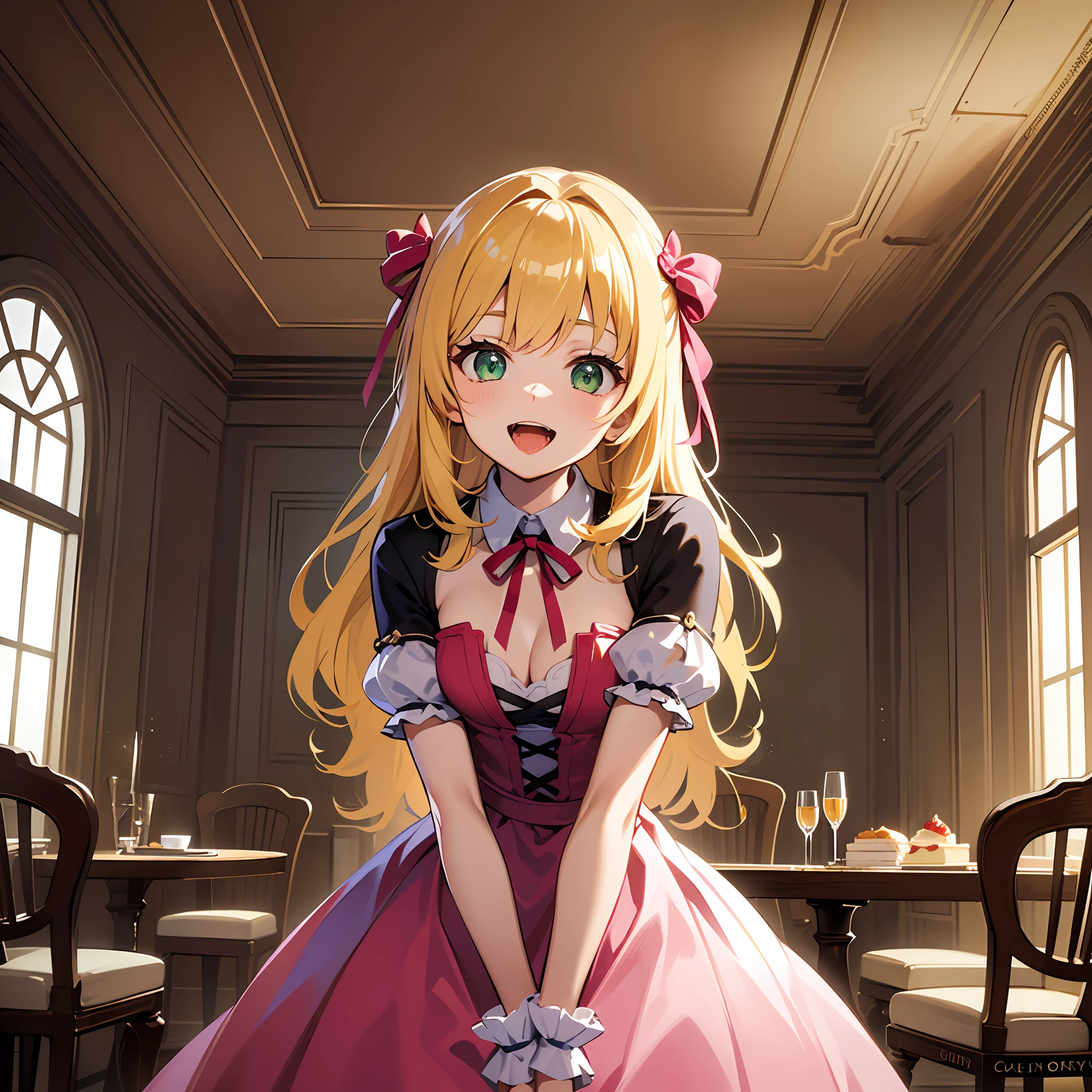 (masterpiece:1.3), (best quality:1.3), high resolution, 


couboy shot, 
leaning forward, body facing forward, 

(one cute girl:1.3), solo, 
white skin, small Breast, eight-headed person, 
light yellow hair, long hair, red ribbon, fluffy hair, beautiful hair, green eyes, beautiful detailed eyes, 

open mouth, saliva, cheerful smile, 

frilled dress, pink dresses, shortcake, 

indoors, Ruins of beautiful details, restaurant, luxury rooms, castle, 

shadowlighting,