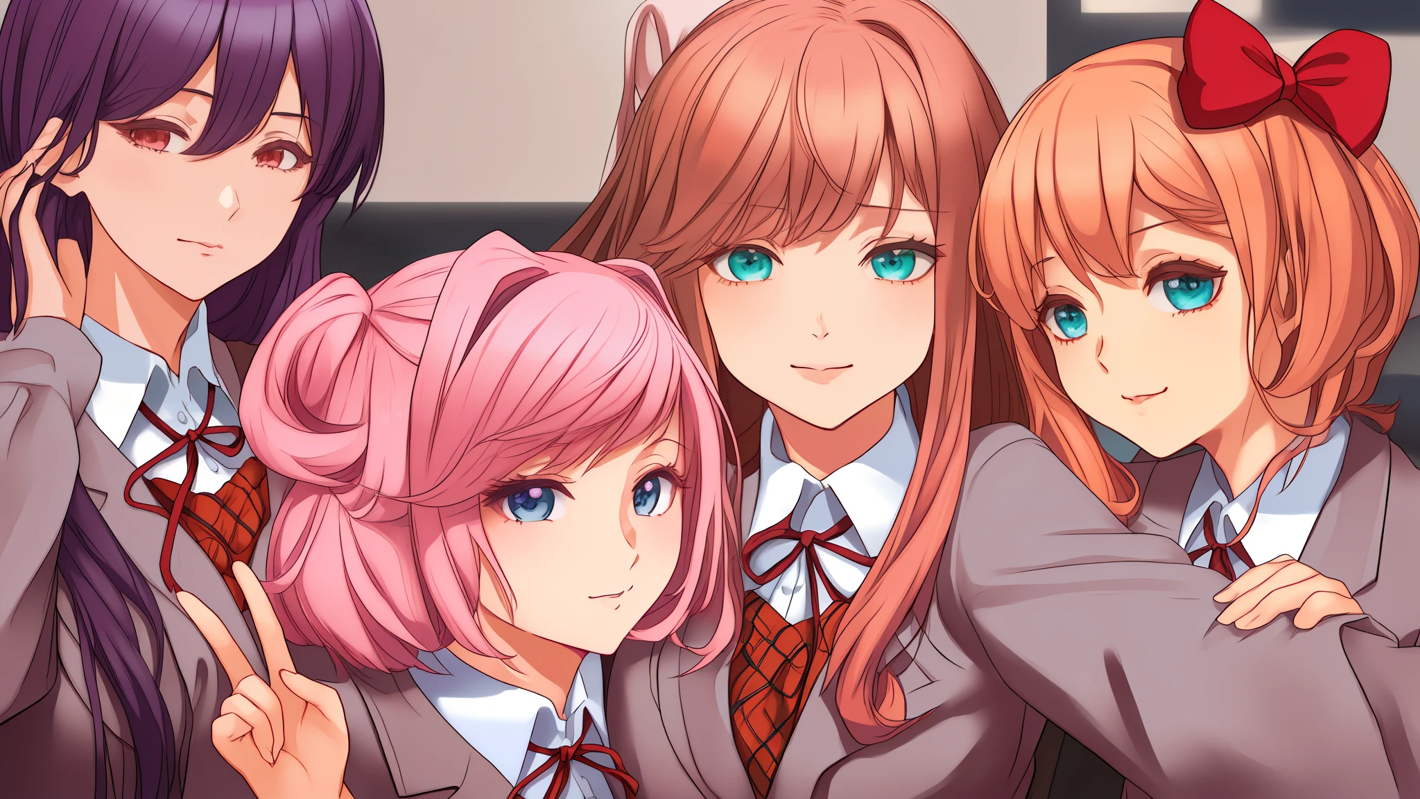 meninas anime com cabelo rosa e olhos azuis posando para uma foto, visual novela cg |, Clube de Literatura Doki Doki, DDLC, arte de anime digital detalhada, garotas de anime, detalhes finos. meninas da linha de frente, estilo anime ecchi, azeitona holanda, kawaii retrato realista, visual novela, arte cg anime suave, visual novela chave visual, Kawacy, arte de anime realista