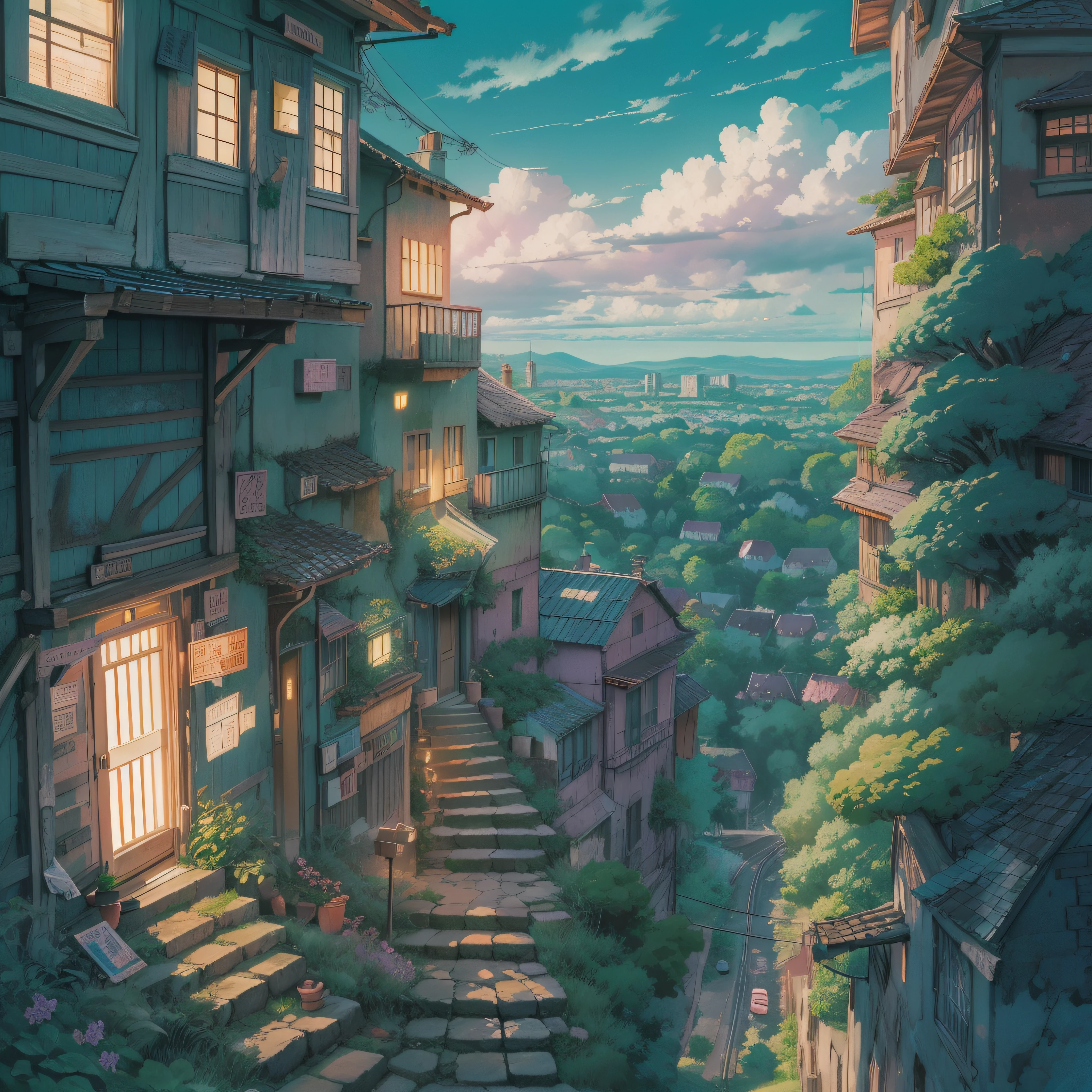 animesque、Skyscape with clouds、Purple sunset sky、Deities々Shikai、stairway、You can see the touch of the brush、no human figures、Studio Ghibli、Ghibli、Scenery、Style、The light is sparkling、sky line