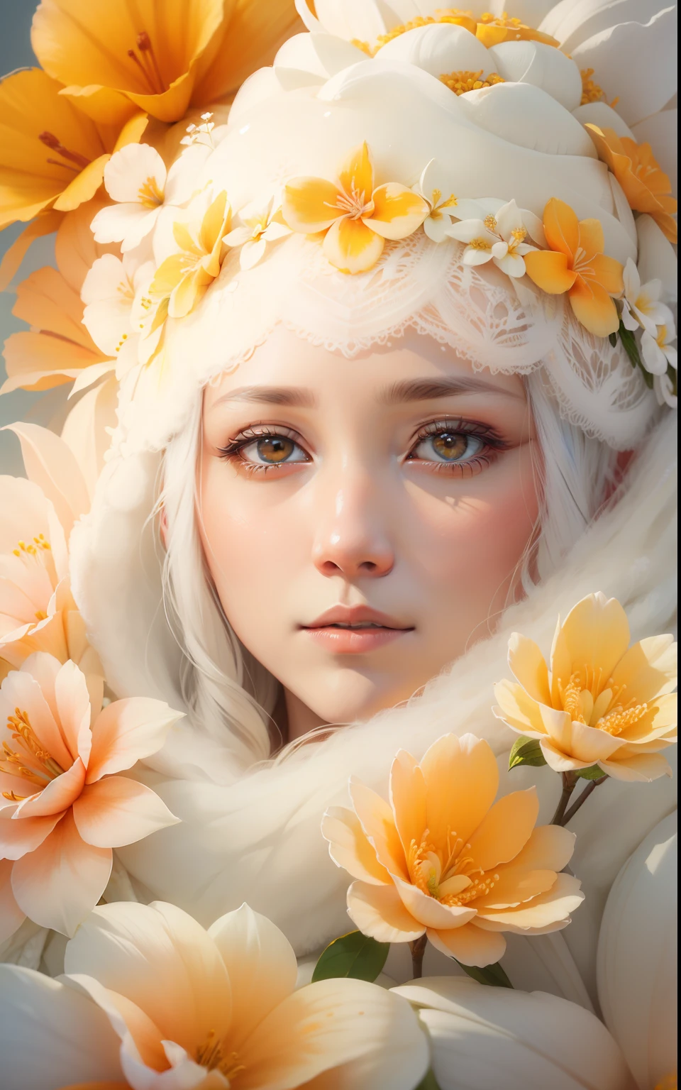 Beautiful detailed frost frost frosty Hawaiian white orange yellow winter queen soft many Hawaiian flowers hyperdetailed portrait 8k Leonardo da Vinci --auto