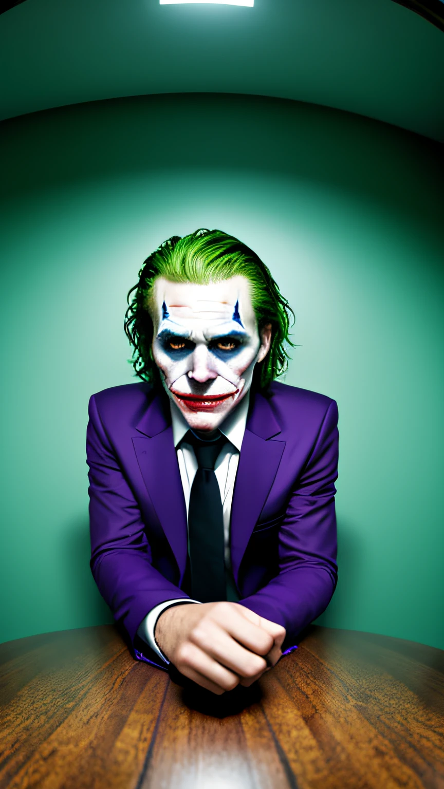 Dark and gloomy full body 8k fisheye lens photo,jocker,Wearing a tattered purple suit,In a disorganized madhouse,blood-stained,Tattered shirt,skin pore,Fine and complex iris,Very dim light,heavyshading,A detailed,A detailed的脸,(with dynamism,photograph realistic,realisticlying,dramatics,darkly,Clear focus,8K)jocker,dark gloomy, ultra-realistic realism, 8K, a close up photo of the joker, perfect eyes, textures true to reality, dynamic compositions, Fujifilm XT2, 85mm F1.2, 1/80 shutter speed, (Bokeh), hight contrast