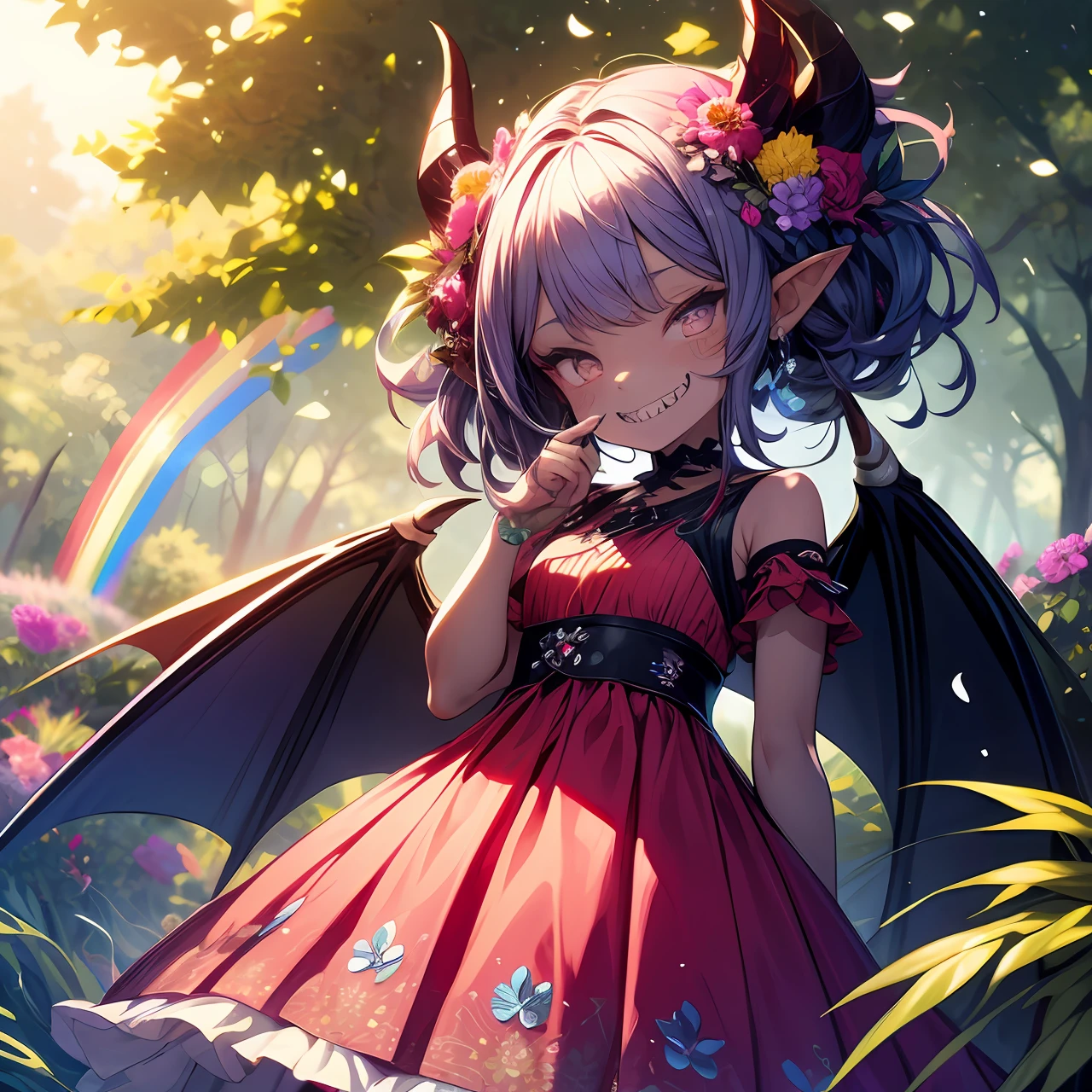 Cute tiny demon girl, (rainbow scales on her skin), in cute summer dress with flowers pattern, flower in her hairs, red claws on her fingers, sharp teeth, looking to viewer from ground, in beautiful park, [[close-up]], fantasy atmosphere, detailed background, rich color palette, trending on Pixiv, 4k