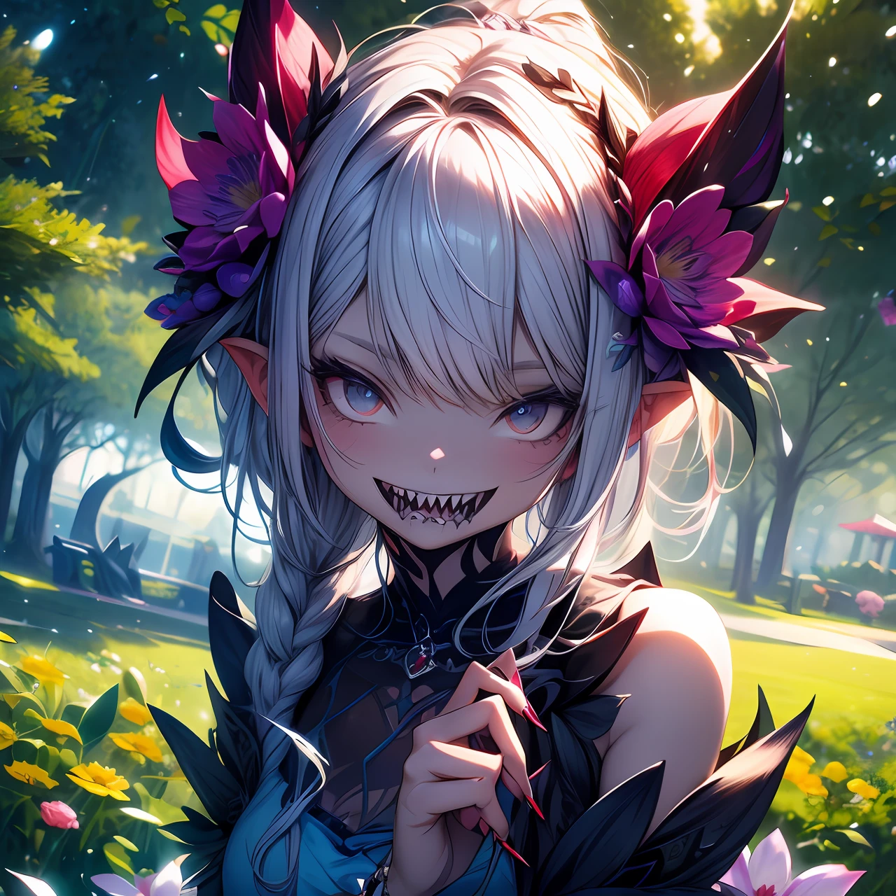 Cute tiny demon girl, (rainbow scales on her skin), in cute summer dress with flowers pattern, flower in her hairs, red claws on her fingers, sharp teeth, looking to viewer from ground, in beautiful park, [[close-up]], fantasy atmosphere, detailed background, rich color palette, trending on Pixiv, 4k