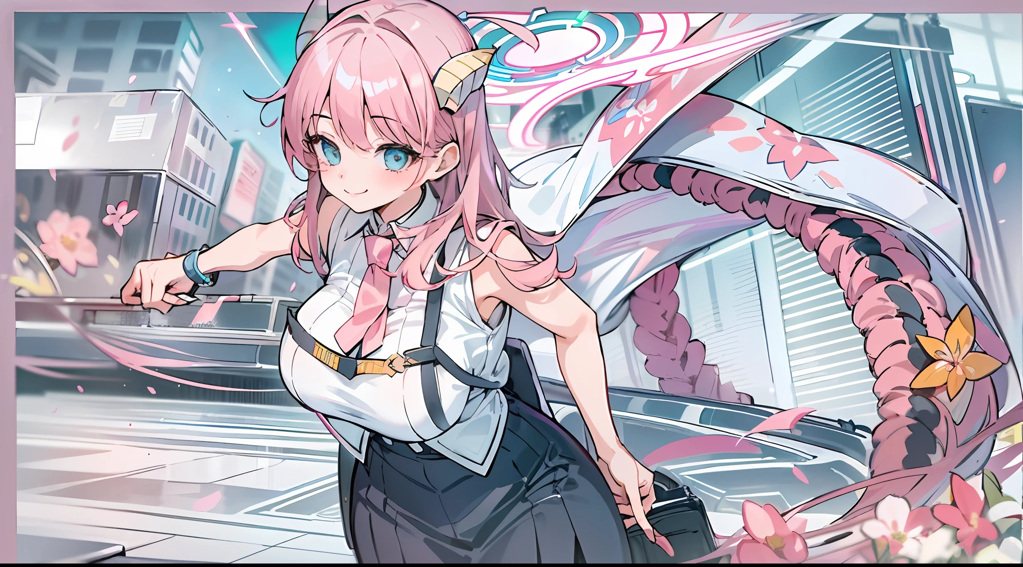 ((masterpiece, best quality)), (1girl),((mature female)), lightpink hair, halo, horn, ((office lady )),bangs,middle breast,(busty),slim,smile, [wide hips],office,standing, aru \(blue archive\),Tsubaki girl play in the stream happily