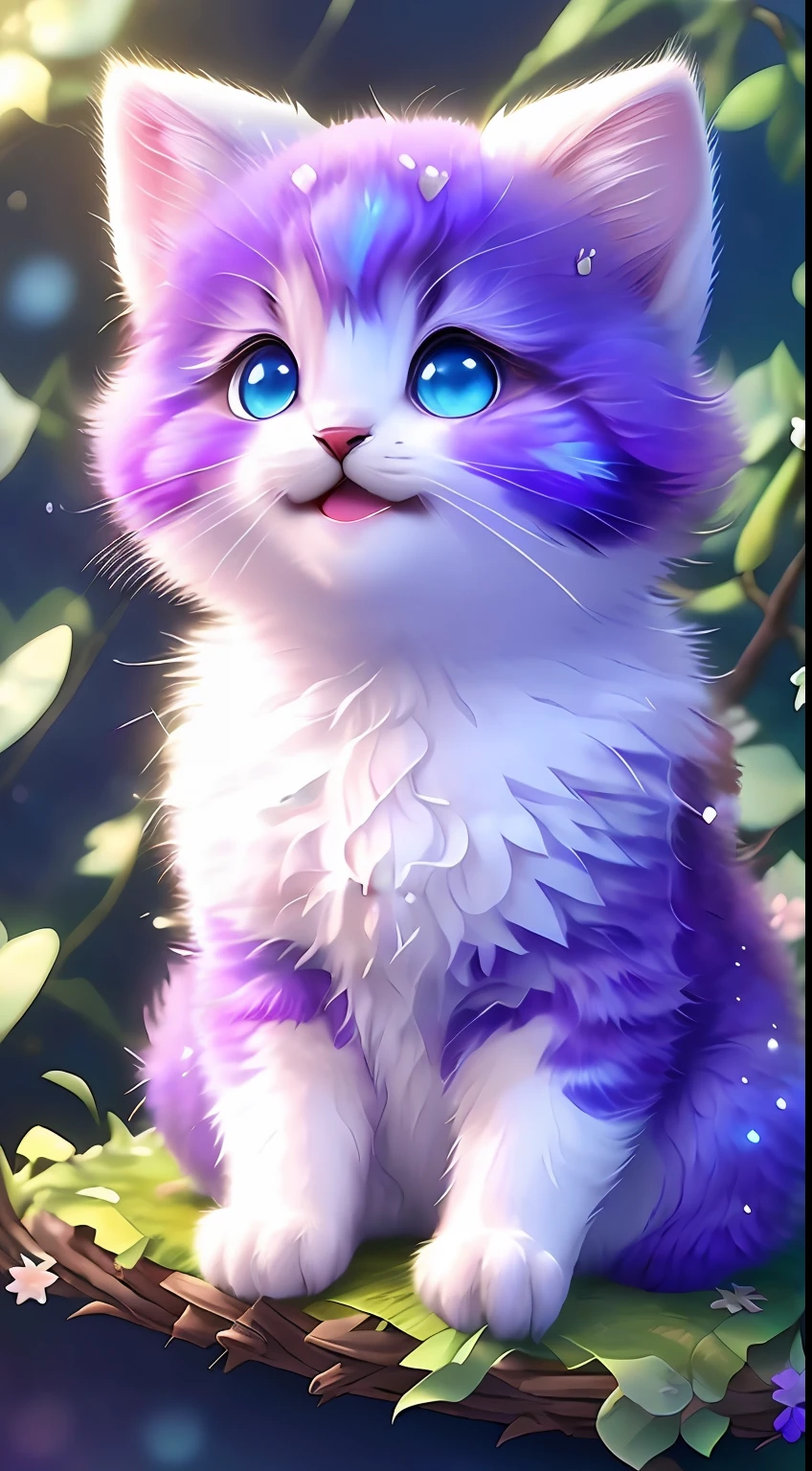 , Realistis, shaggy, (Kitten dressed), an cheeks, full bodyesbian, Non-human, ssmile, sparkle eyes, Minitary, Sit on a branch, lying down,In purple,Left!!!,Funny