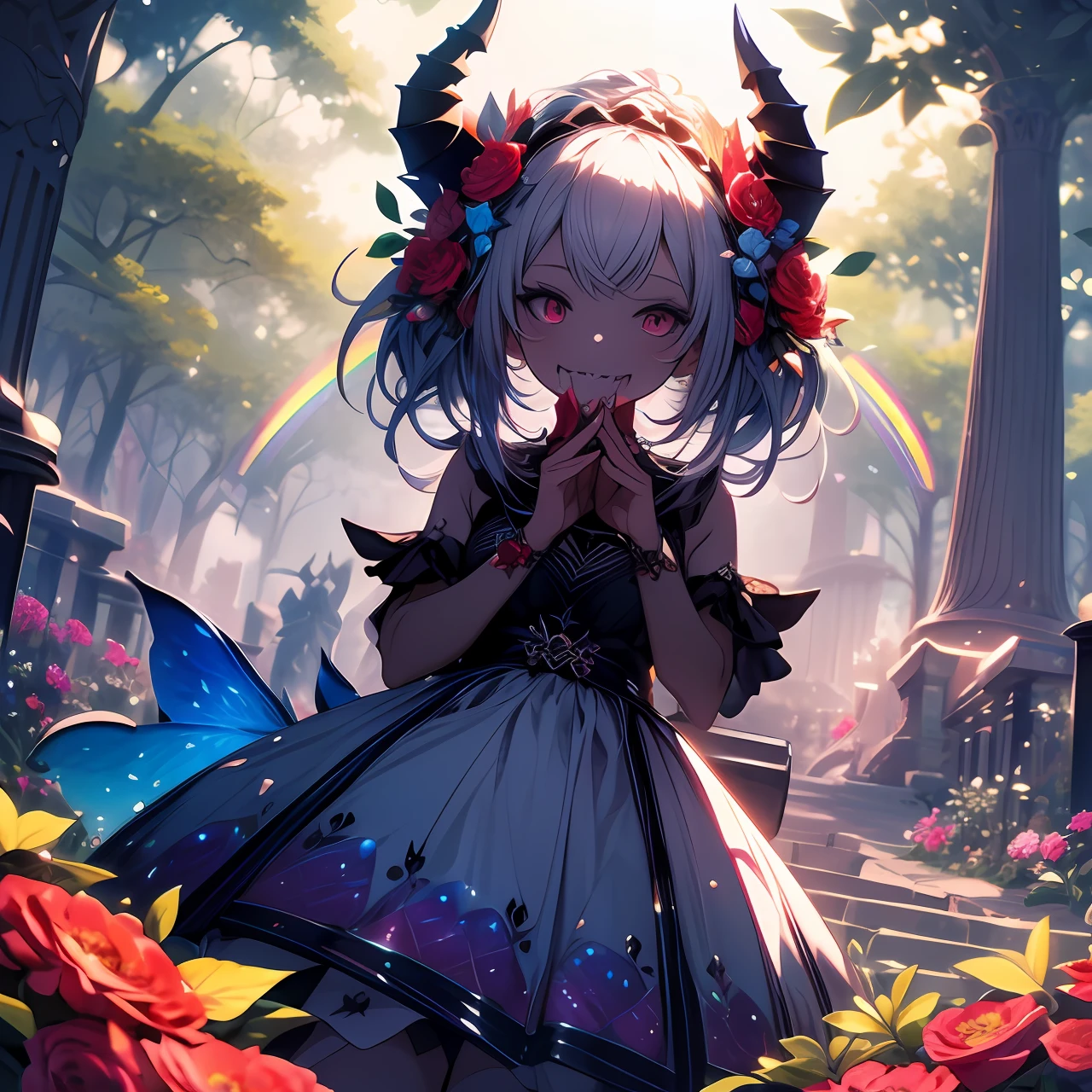 Cute tiny demon girl, (rainbow scales on her skin), in cute summer dress with flowers pattern, flower in her hairs, red claws on her fingers, sharp teeth, looking to viewer from ground, in beautiful park, [[close-up]], fantasy atmosphere, detailed background, rich color palette, trending on Pixiv, 4k