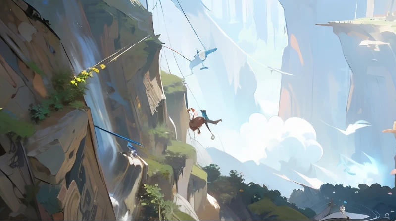 Two people fell off the cliff, Above the cliff, swinging on a vine over a chasm, climbing up a cliffside, Dangerous cliffside, highlight scene of the movie, shounen jump, full-body wuxia