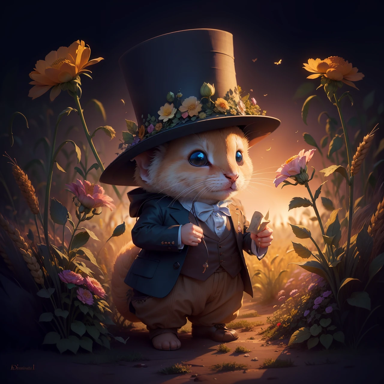 A whimsical landscape of wheat stalks, hop vines and flowers, where a tiny dormouse wearing a top hat and a waistcoat lives among other hobbit-like dormice, 4k, evening backlight with glowing hues of evening color, beautiful artistic, dynamic lighting hyperdetailed intricately detailed, in the style of Raphael. --auto