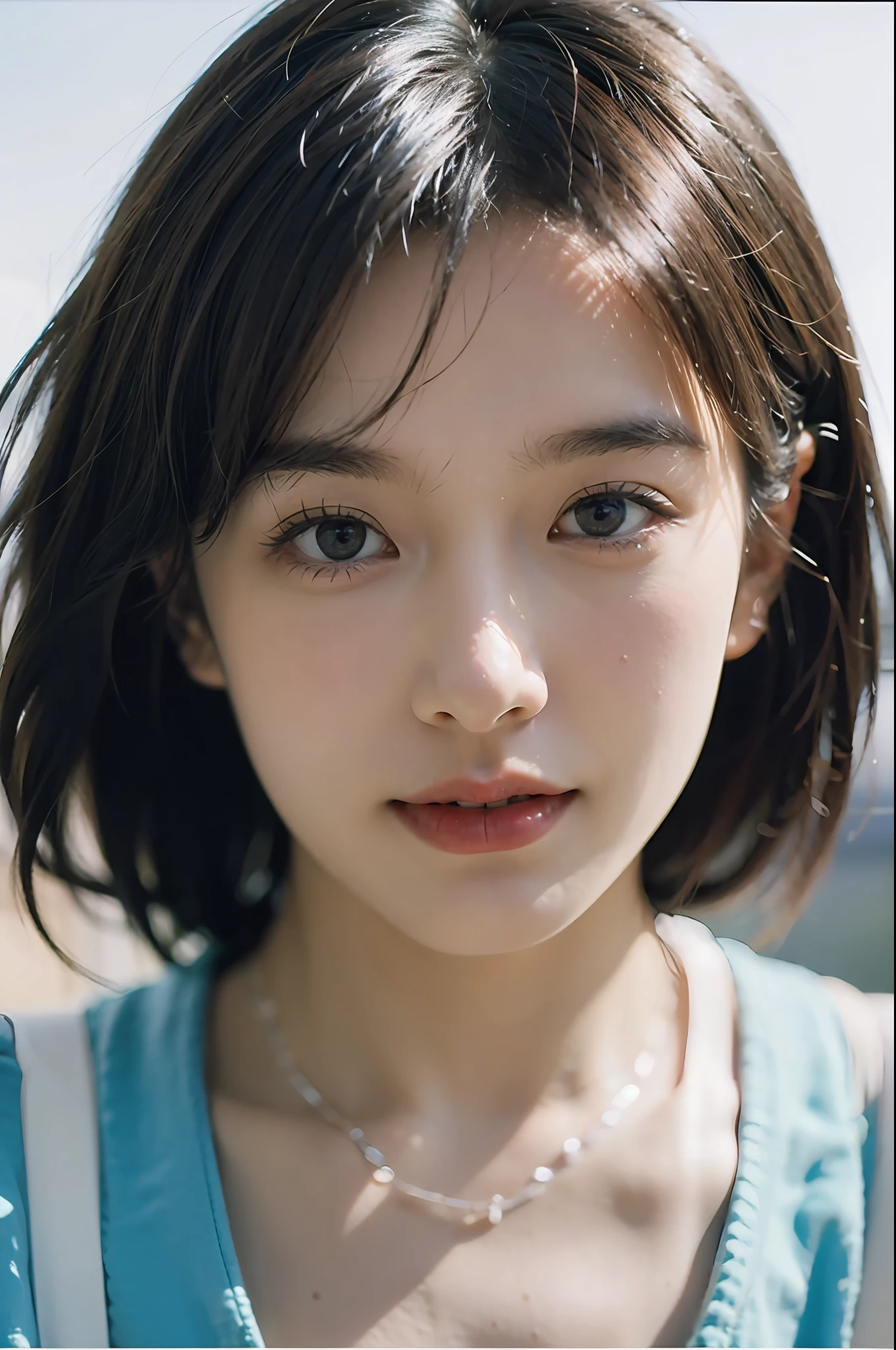 best qualtiy，tmasterpiece，超高分辨率，（realisticlying：1.4），（Turn off the portrait）RAW photogr，1girll，female student，Background bokeh，tmasterpiece，Photorealistic photos，Photos of Japan，Fujifilm negative，low-saturation，low-contrast，Pocari sweat advertising（（Little Brest））
