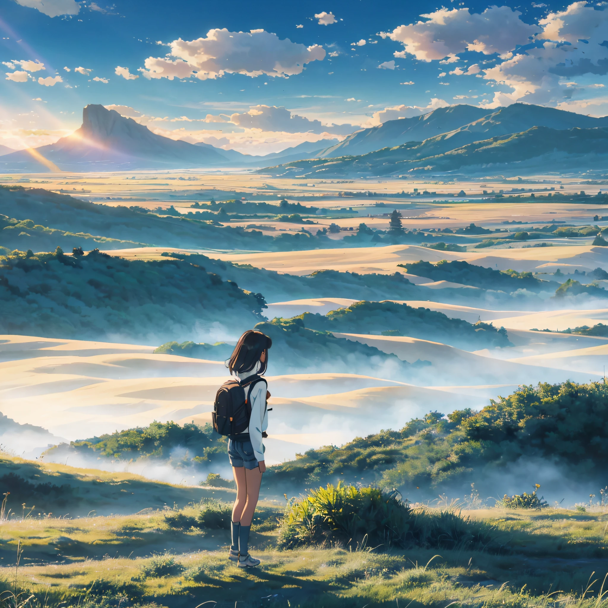 The vast sky, beautiful skyline, large grasslands, extremely tense and dramatic pictures, moving visual effects, the high-hanging Polaris, and colorful natural light. Long-sleeved top, denim shorts, and a girl with a backpack. --auto