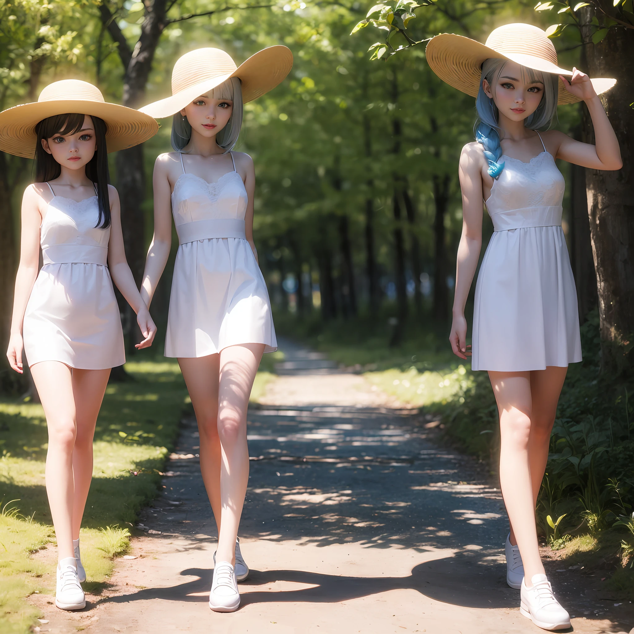 3d unreal engine,long white hair,blue color eyes,White eyebrows,white dresses,Small white shoes,perfect body figure,perfect hand,exquisite facial features,Natural light,Forest trail,sunhat,With a smile,4K,8K,best qualtiy,Delicate skin。 --auto