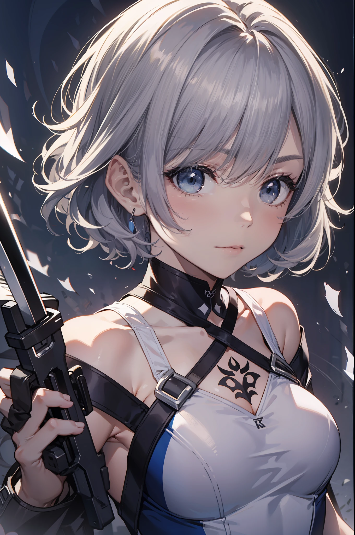 high-level image quality、top-quality、Detailed drawing、Does not blush cheeks、Slender beauty、Docile、Ninja、Sailorsk swimsuit、Small eyes、Smaller chest、Contrasty、ultra-short hair with gray hair color,、Bery short hair、Holding a kunai in both hands、Battle Scenes、Holding a sword in both hands、Wearing a mask、Cladding