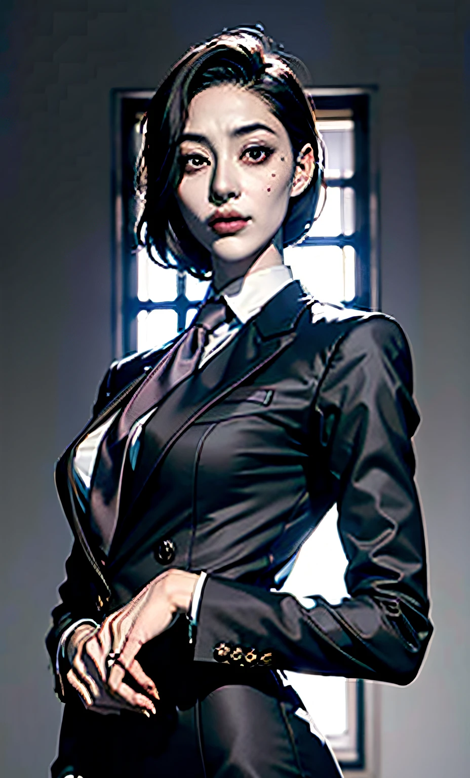 Close-up of a girl in a suit and tie, androgynous vampire, junji ito 4 k, with long dark hair, ito junji art, style of junji ito, Dark Costume, portrait of sadako of the ring, Beautiful androgynous princess, Gentle androgynous princess, with her long black hair, girl in suit, (Lovely Medium Breasts), perfect anatomy, (Gloomy color scheme:1.5), (skinny body)