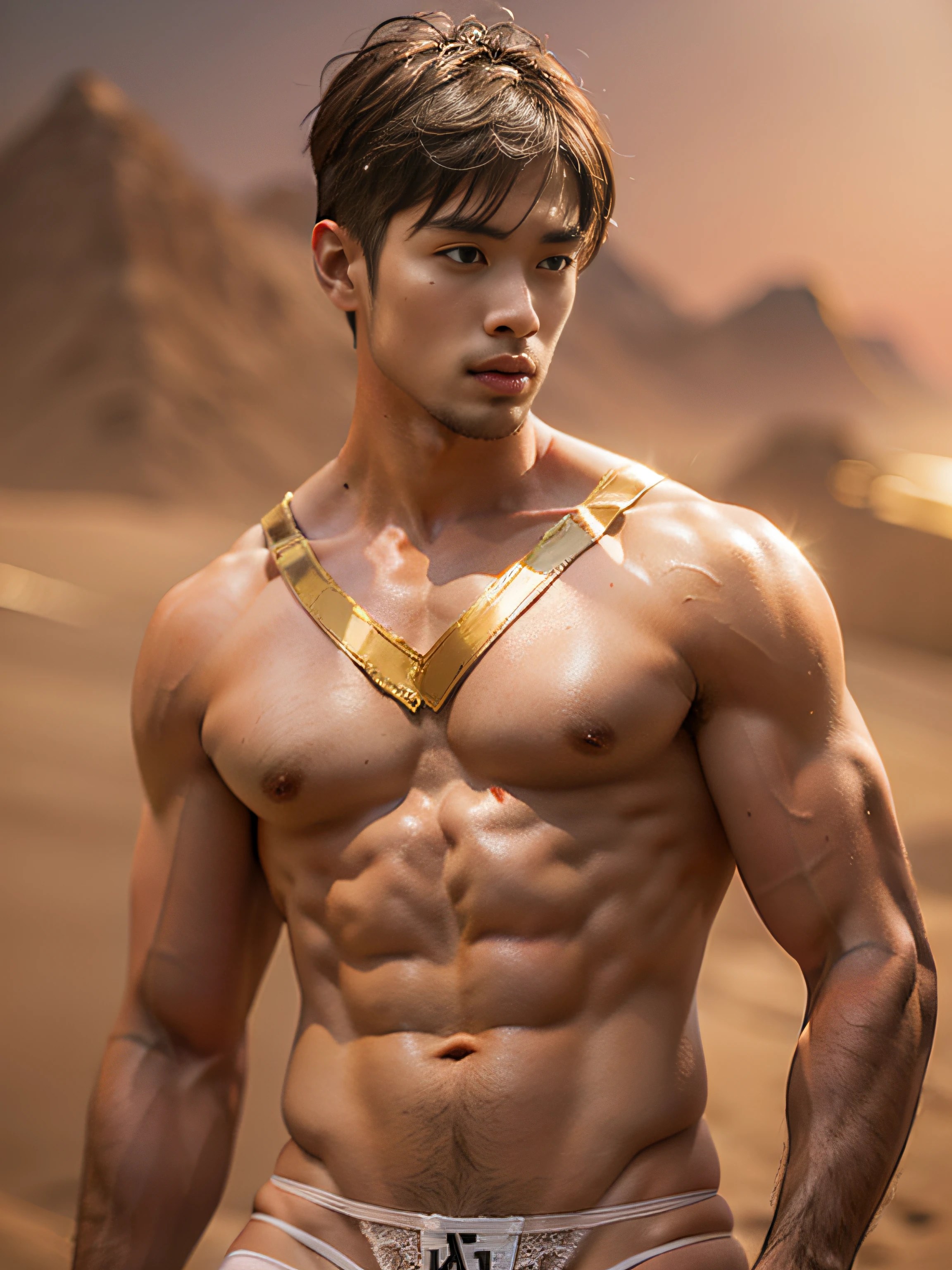 (Masterpiece, Best quality, offcial art, Aesthetic: 1.2), (Super detail), (Muscular macho,see-through thong: 1.2) ((Short hair, Prince of the Desert: 1.3)) ((Short hair, Muscular 32 years old: 1.3)) Fine details, Most Best Illustration, (High contrast), (Ultra photo realsisim: 1.3), (asian man,Naked muscle masculinity art), , (Autumn desert Gobi background), s fractal art, (full-body portraits, see-through thong, Extreme close-up: 1.1), (Muscular man, White transparent thong: 1.4) (Autumn golden desert Gobi background: 1.3), The perfect feature of a supermodel, whole body show (Short hair, Asian male supermodel), Thong boy, Perfect chest and abs, Mysterious night, Extremely provocative and sexy (Add details), (Detailed background: 1.2), (core,), A high resolution, Extreme detail ((Super art, Wear only a pair of white transparent thongs, Internal genital structures can be seen: 1.4)) ((Full body display, Extreme detail display: 1.3))((8K,ultra HD picture quality,extreme detail portrayal: 1.3))