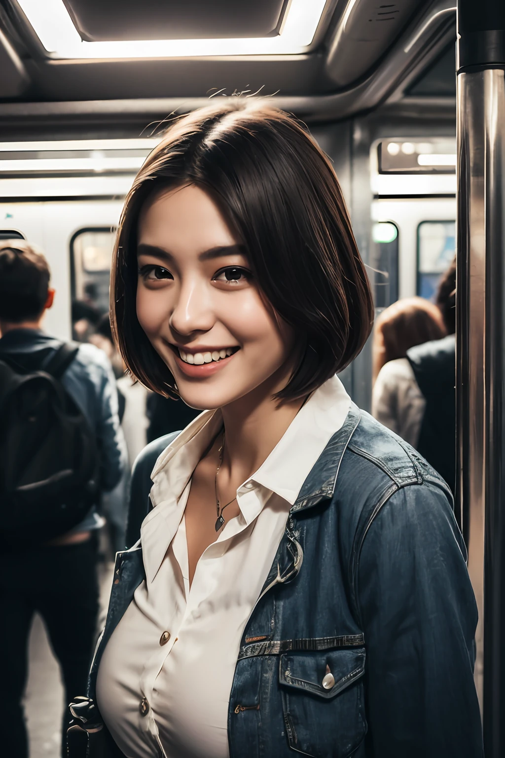 photorealistic, high contrast, 8k HD, detailed, hyper-detailed, best quality, ultra high res, raw photo, dramatic lighting, unreal engine, a very beautiful young smiling woman with a short hair, in the subway, crowded people, a large breast, wearing white shirts