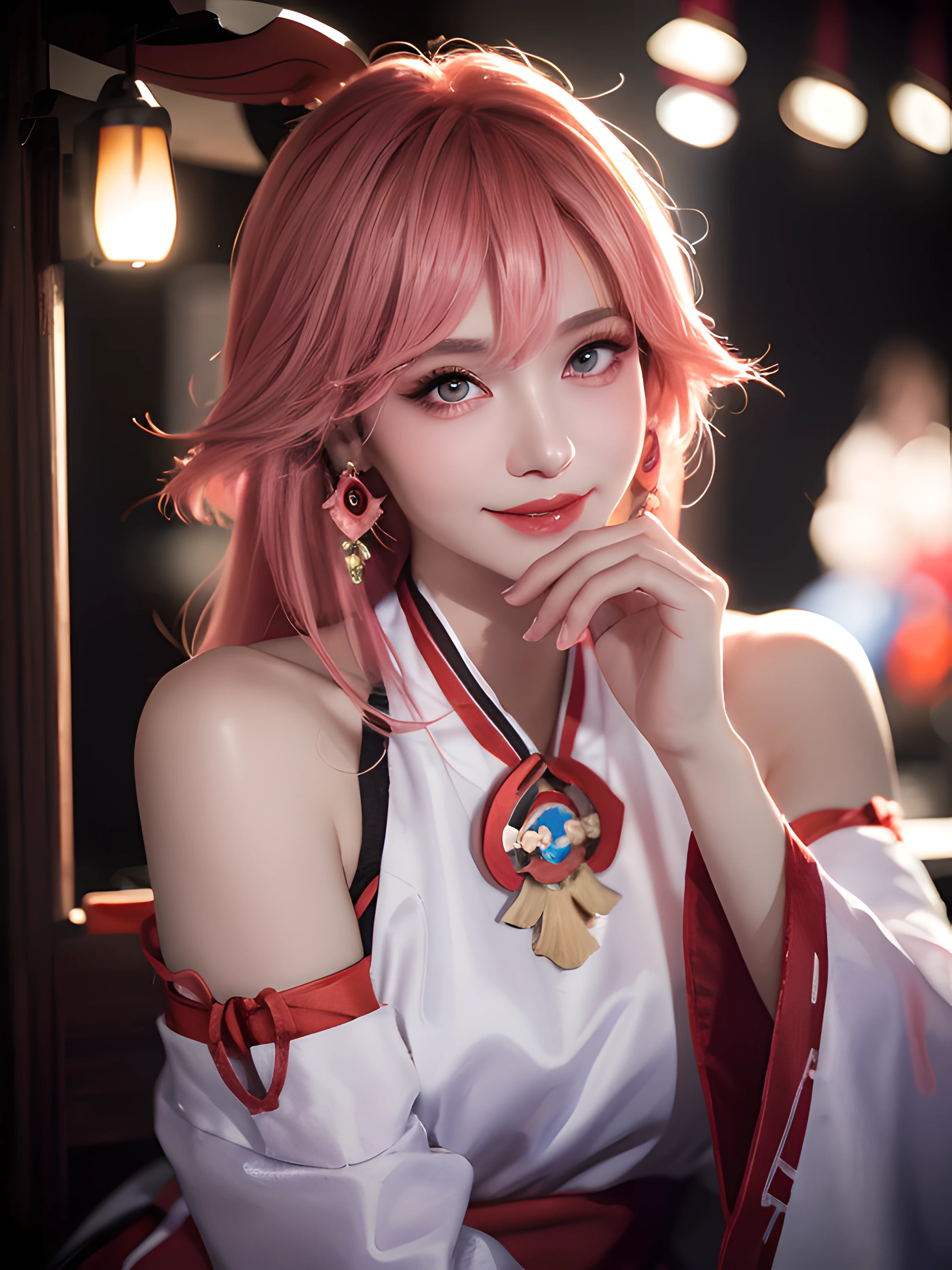 kpop idol, yae miko, detached sleeves, bare shoulders, pink hair, long hair, japanese clothes, best quality, (painting:1.5), (hair ornament:1.35), jewelry, purple eyes, earrings, breasts, torii, cherry blossoms, lantern light, depth of field face focus, ribbon_trim, (looking at viewer:1.25), nontraditional miko, shiny skin, long sleeves, smile, thick lips, hands on lips, east asian architecture, (blurry background:1.2), sitting, upper body,((ultra high res, 8k, RAW photo, best quality, masterpiece:1.47746,realistic:1.4, photo-realistic:1.4,cinematic lighting:1,intricate details:1,raw photo:1))(((ultra-detailed:1.47746))),professional lighting,((physically-based rendering:1)), ((ruddy skin:1,sweat))lens flare,ray tracing ,(extremely detailed face, beautiful detailed eyes,expressive hair:1.5,shiny hair;1)cinematic lighting,(vivid expression) (body muscle:1) solo(1girl:1.5)((smiling:1),(plump figure:1,blance body:1)(realistic hand,realistic clothes)