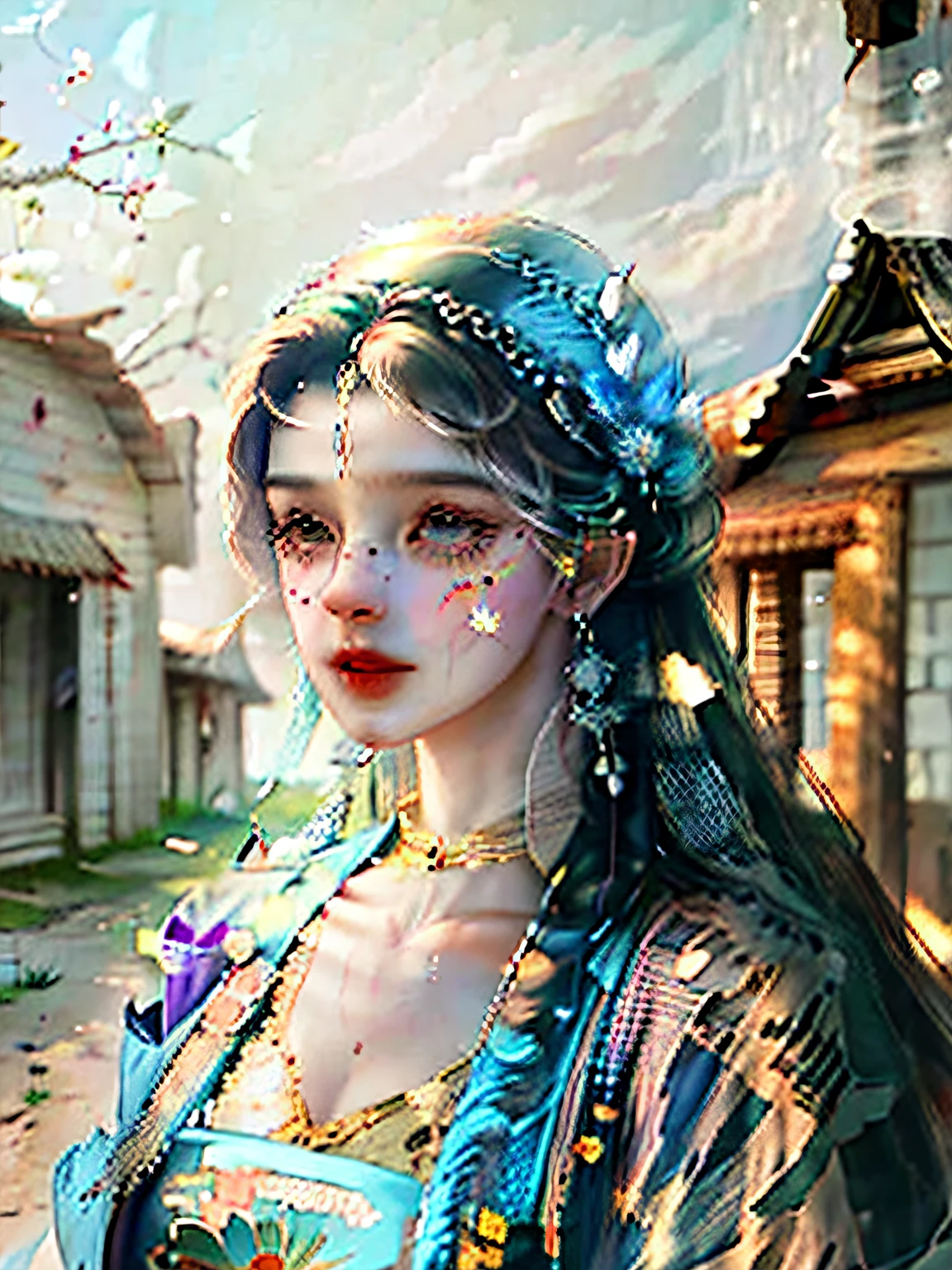 Ancient woman,Wear hair accessories,Stand on a gravel road,Lined with wooden houses and flowers,closeup cleavage, --auto