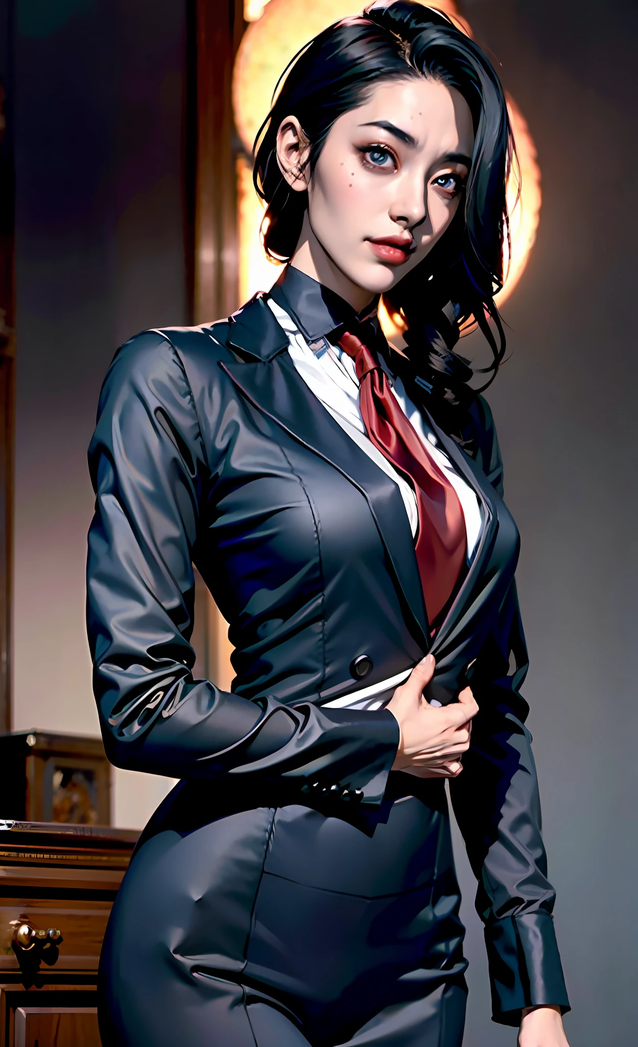 Close-up of a girl in a suit and tie, androgynous vampire, junji ito 4 k, with long dark hair, ito junji art, style of junji ito, Dark Costume, portrait of sadako of the ring, Beautiful androgynous princess, Gentle androgynous princess, with her long black hair, girl in suit, (Lovely Medium Breasts), perfect anatomy, (Gloomy color scheme:1.5), (skinny body)