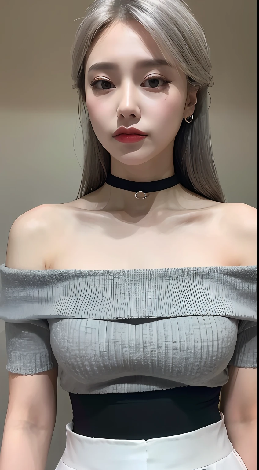 top-quality、超A high resolution、(Photorealsitic:1.4)、1girl in、Off-shoulder white shirt、a black skirt、a black choker、(faded ash gray hair:1)、(huge tit:1.2)、looking at the viewers、a closeup、NSFW