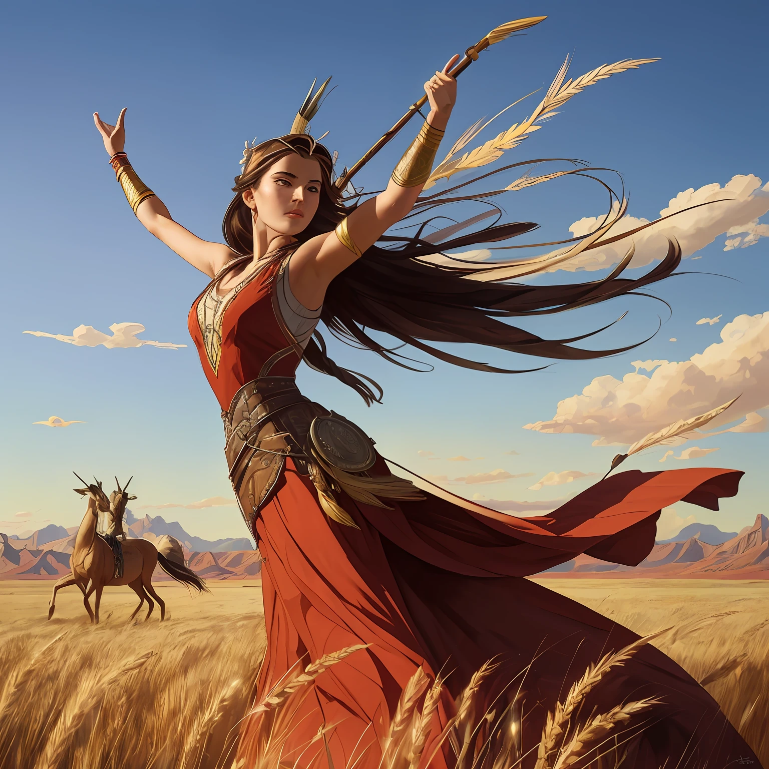 Gazelle birds A woman dancing in a wheat field with small red and yellow roses with a perfect symmetrical face, Indigenous feather jewelry, Traditional handmade dress, warrior hunter armed, (((Far West))) environnement, Utah landscape, ultra realist, Art conceptuel, elegant, ((complexe)), ((highly detailed)), profondeur de champ, ((professionally colorful)), soft ambient lighting, twilight, 8k, dessin par Artgerm et Greg Rutkowski et Alphonse Mucha --auto