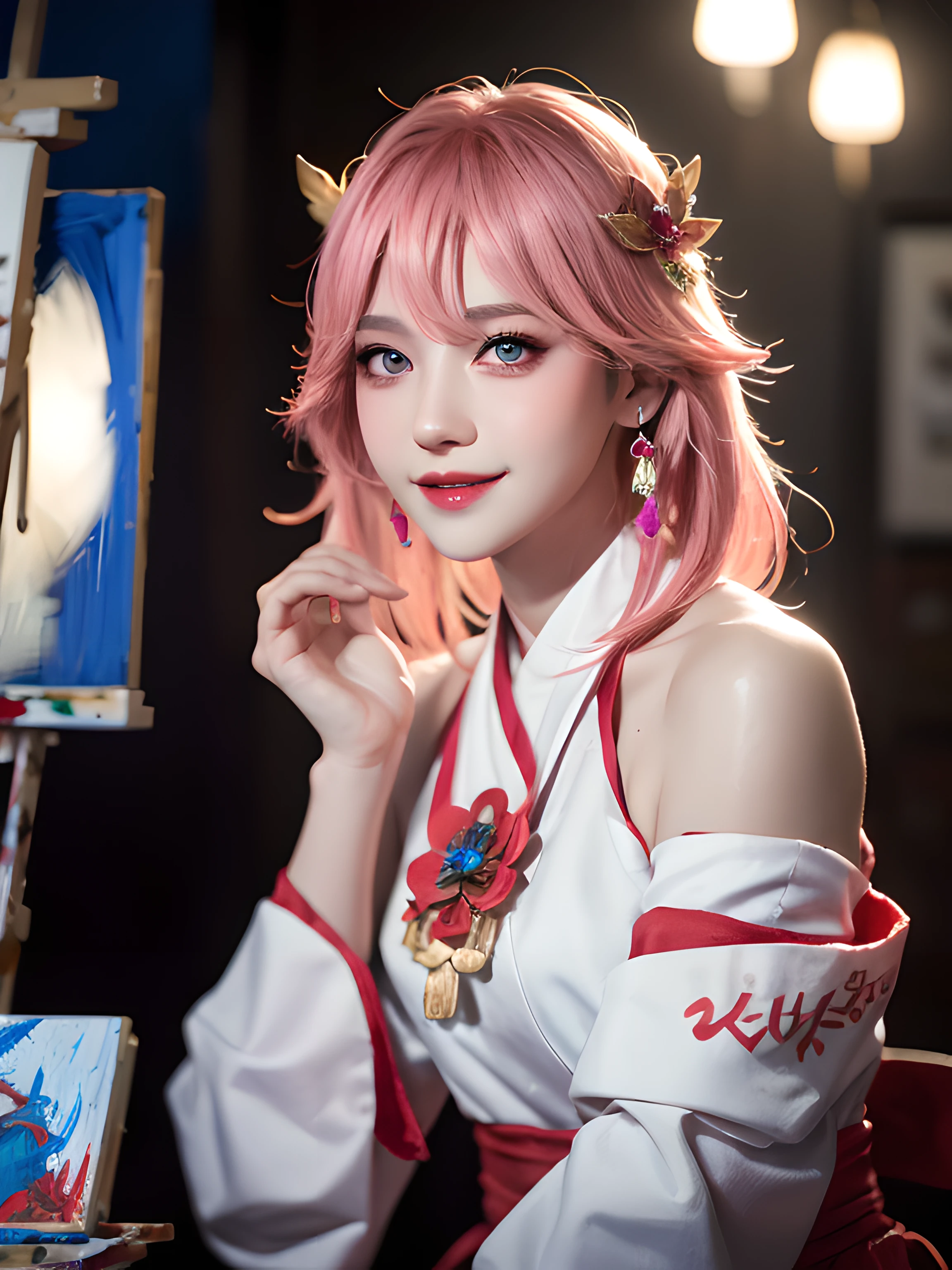 kpop idol, yae miko, detached sleeves, bare shoulders, pink hair, long hair, japanese clothes, best quality, (painting:1.5), (hair ornament:1.35), jewelry, purple eyes, earrings, breasts, torii, cherry blossoms, lantern light, depth of field face focus, ribbon_trim, (looking at viewer:1.25), nontraditional miko, shiny skin, long sleeves, smile, thick lips, hands on lips, east asian architecture, (blurry background:1.2), sitting, upper body,((ultra high res, 8k, RAW photo, best quality, masterpiece:1.47746,realistic:1.4, photo-realistic:1.4,cinematic lighting:1,intricate details:1,raw photo:1))(((ultra-detailed:1.47746))),professional lighting,((physically-based rendering:1)), ((ruddy skin:1,sweat))lens flare,ray tracing ,(extremely detailed face, beautiful detailed eyes,expressive hair:1.5,shiny hair;1)cinematic lighting,(vivid expression) (body muscle:1) solo(1girl:1.5)((smiling:1),(plump figure:1,blance body:1)(realistic hand,realistic clothes)