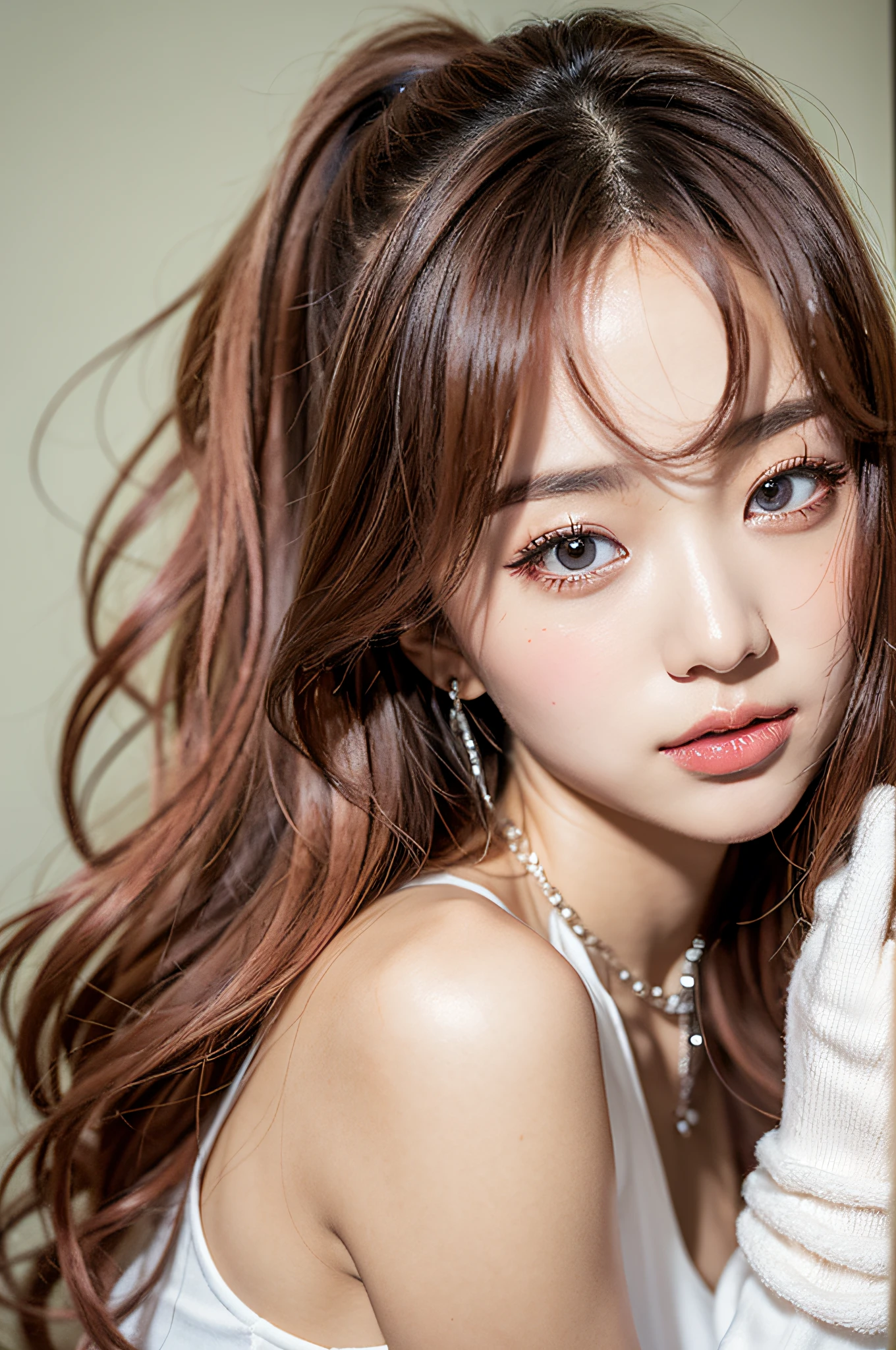 Random Posture,1girl,Seduction,Beautiful,Lips,Realistic,Photo_\(Medium\),Alone,(Masterpiece),(Realistic:1.3),Ultra Detail,(High Definition Skin:1.2),(Best Quality:1.0), (Ultra Hi-Res:1.0), (ULZZANG-6500:0.3), Beautiful Clear Eyes, Delicate Necklace,Sunshine, (Delicate makeup is beautiful), (Sexually aroused blush Heavy breathing:1.0) , (Soft Glove Room: 0.5), Mix 4