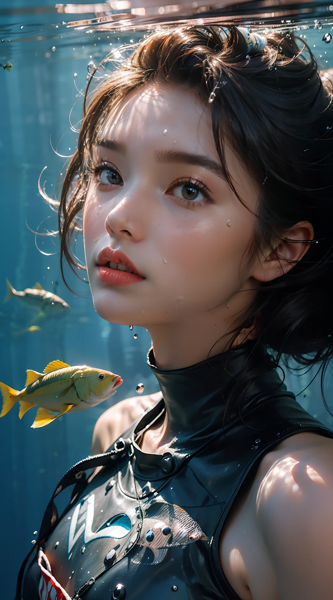25 years old Korean girl,1个Giant Breast Girl,girl on top, wet suit, s the perfect face, eBlue eyes, Lace, dive,Under water,shuixia,Break,Blue tones,(((surrounded with fishes)))