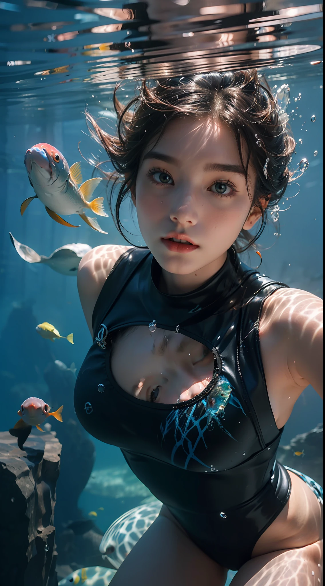 25 years old Korean girl，1个Giant Breast Girl，girl on top， wet suit， s the perfect face， eBlue eyes， Lace，  dive，Under water，shuixia，Break，Blue tones，(((surrounded with fishes)))