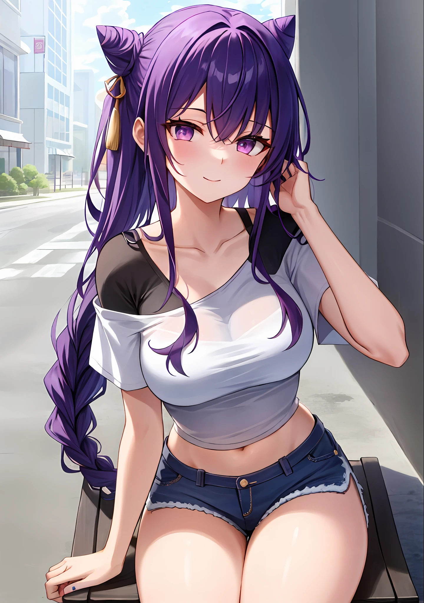 (masterpiece, best quality, ultra-detailed), keqing \(genshin impact\), (purple hair), cone hair bun, twin tails, long hair, swept bangs, braid, braided bangs, purple eyes, pink eyes,
(wearing a t-shirt:1.2), sitting on a chair outside of caf, embracing the natural beauty, sunlight, beautiful cloudy sky, city, street, denim shorts, black stocking,
medium breasts, thick thighs, critical angle, cowboy shot, arm behind head, arm behind back, armpits, light smile, crop top, strong and seductive expressions,,