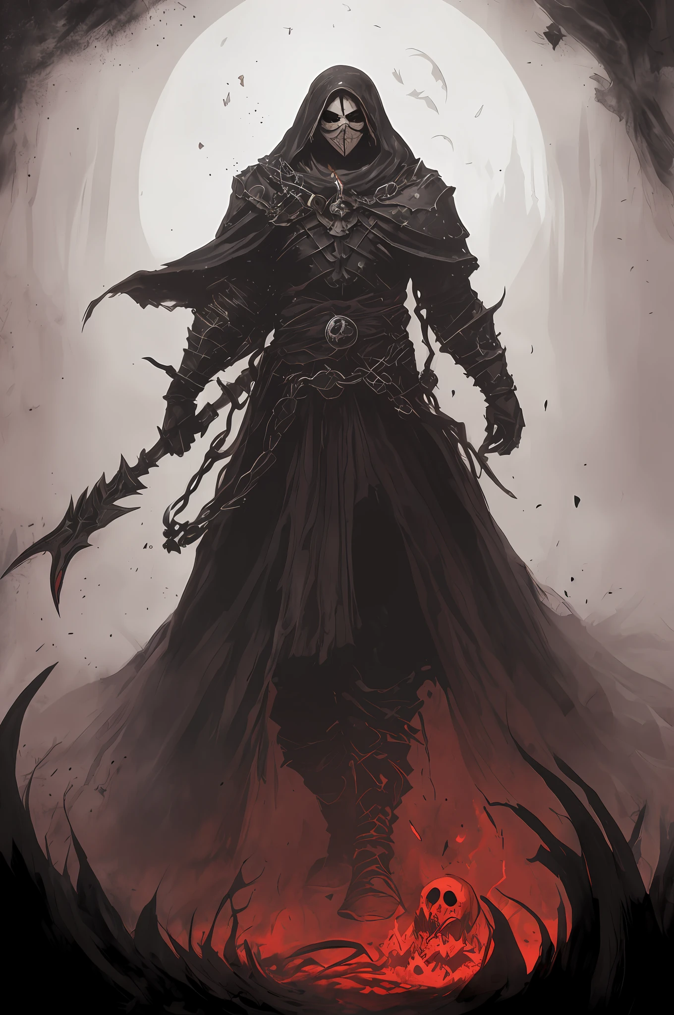 (Ashenhard style:1.4), tmasterpiece, Best quality, High quality, (Creatures with smaller colors,Has a dark red glow and red eyes,Surrounded by darkness, iintricate, high detal,Dark mage in a white mask,White mask,The Dark Mage