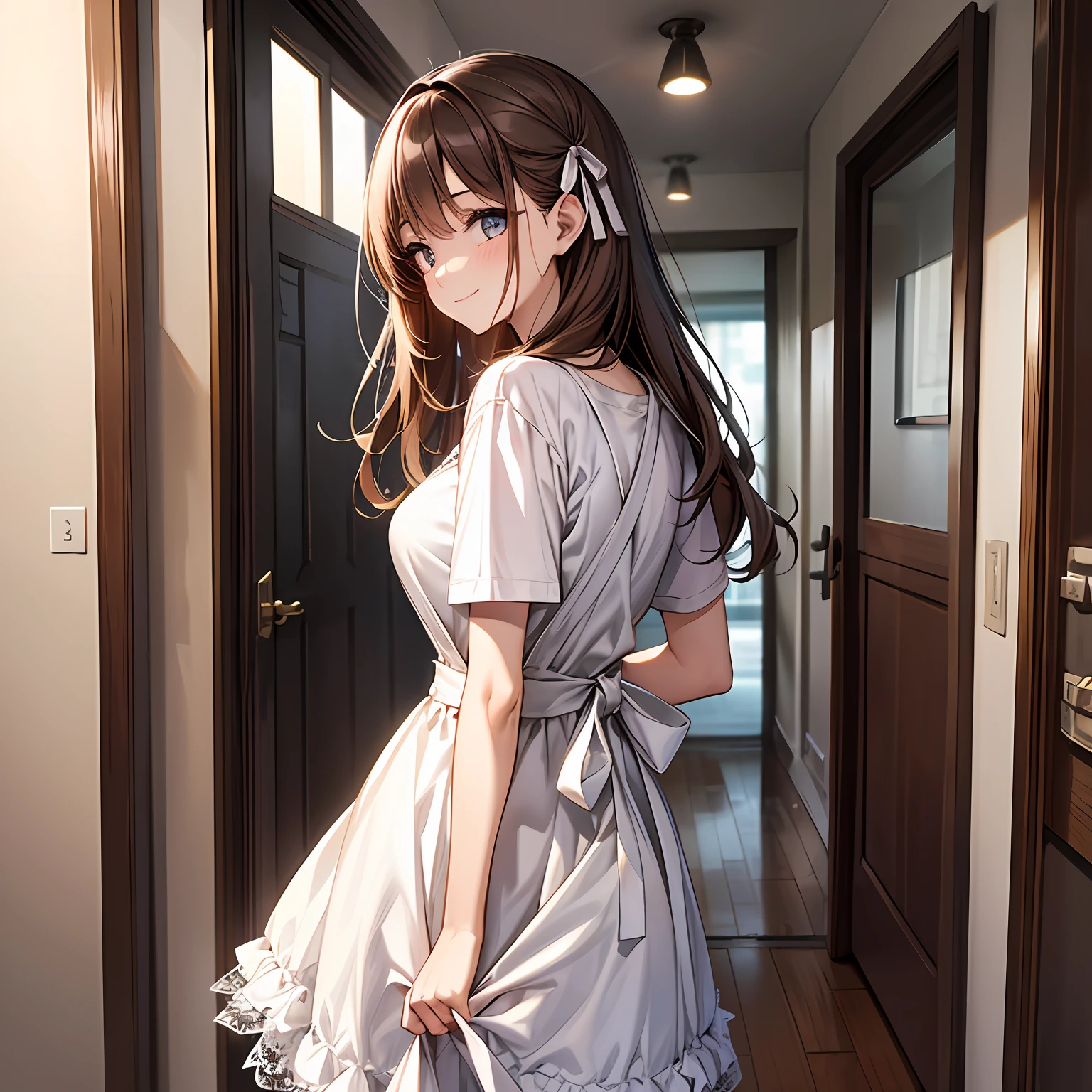 1girl in,  top-quality, Very delicate, Height 148cm, Bust 85cm, Waist 56cm, Hip 85cm, F-cup, 23years old, Colossal tits, very baby face, brown-haired, Middle Long Hair,  White lace hair ribbon、Border T-shirt、Wearing an apron、Denim skirt、natta、Indoor walkway in a modern apartment、Simple apartment entrance in modern style、Open the modern front door to greet、Happy smile、Front Angle