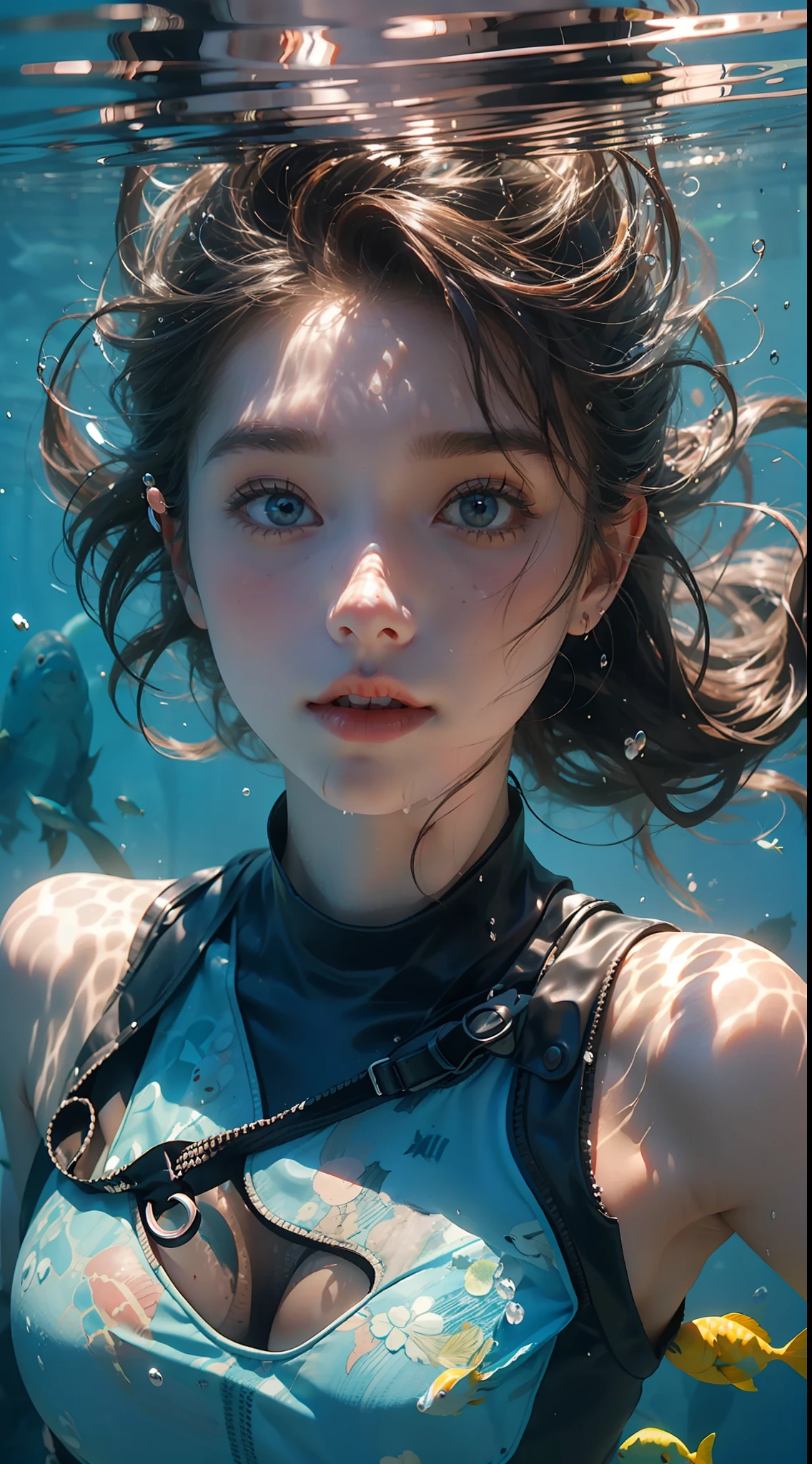 25 years old Korean girl,1个Giant Breast Girl,girl on top, wet suit, s the perfect face, eBlue eyes, Lace, dive,Under water,shuixia,Break,Blue tones,(((surrounded with fishes)))