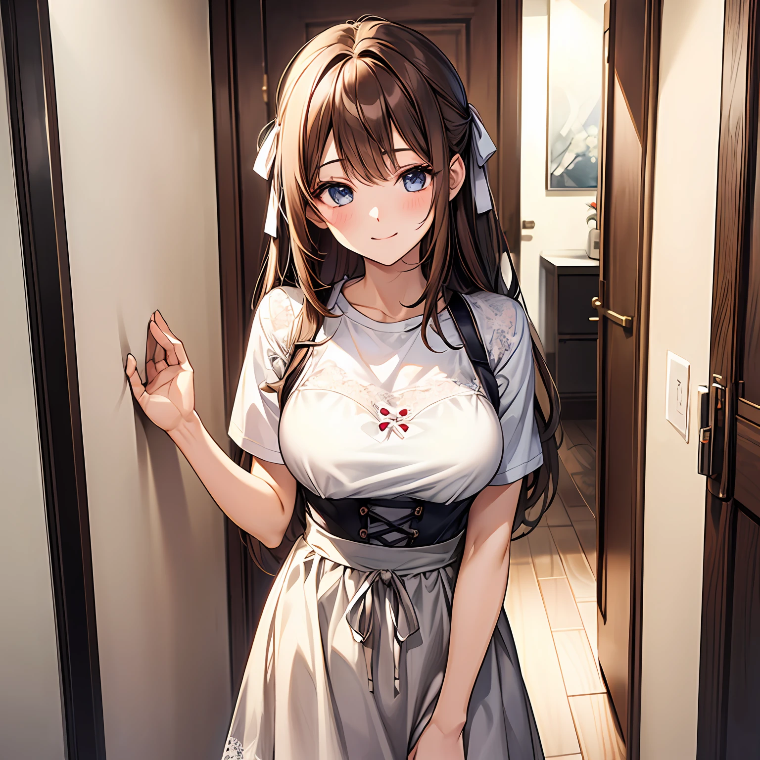 1girl in, top-quality, Very delicate, Height 148cm, Bust 85cm, Waist 56cm, Hip 85cm, F-cup, 23years old, Colossal tits, very baby face, brown-haired, Middle Long Hair, White lace hair ribbon、Border T-shirt、Wearing an apron、Denim skirt、Indoor walkway in a modern apartment、In front of the entrance of a simple apartment in a modern style、Open and greet modern front door、Happy smile、Front Angle