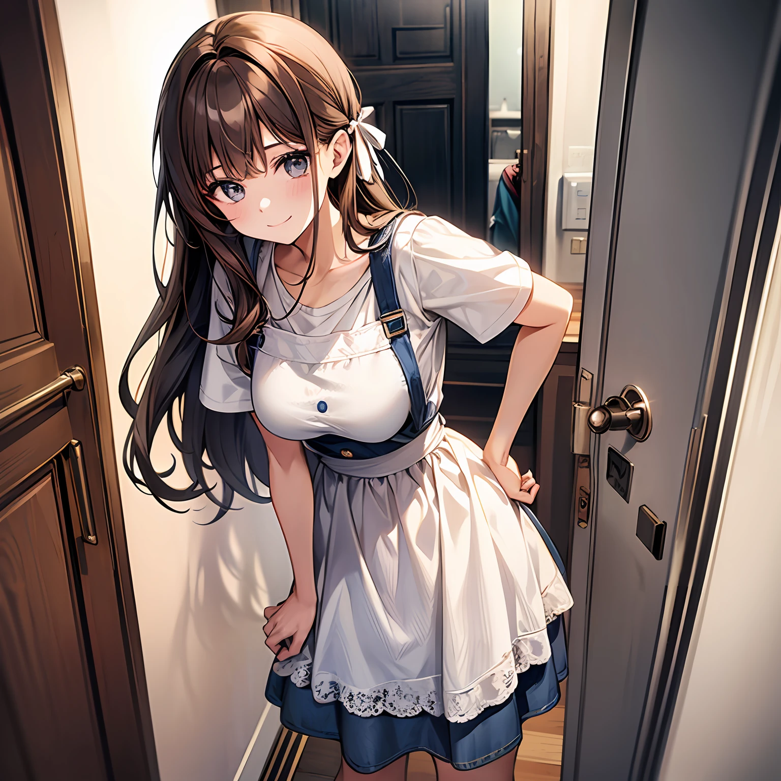 1girl in, top-quality, Very delicate, Height 148cm, Bust 85cm, Waist 56cm, Hip 85cm, F-cup, 23years old, Colossal tits, very baby face, brown-haired, Middle Long Hair, White lace hair ribbon、Border T-shirt、Wearing an apron、Denim skirt、Interior passage of the apartment、In front of the entrance of a simple apartment in a modern style、Open the door and say hello、Happy smile、Front Angle