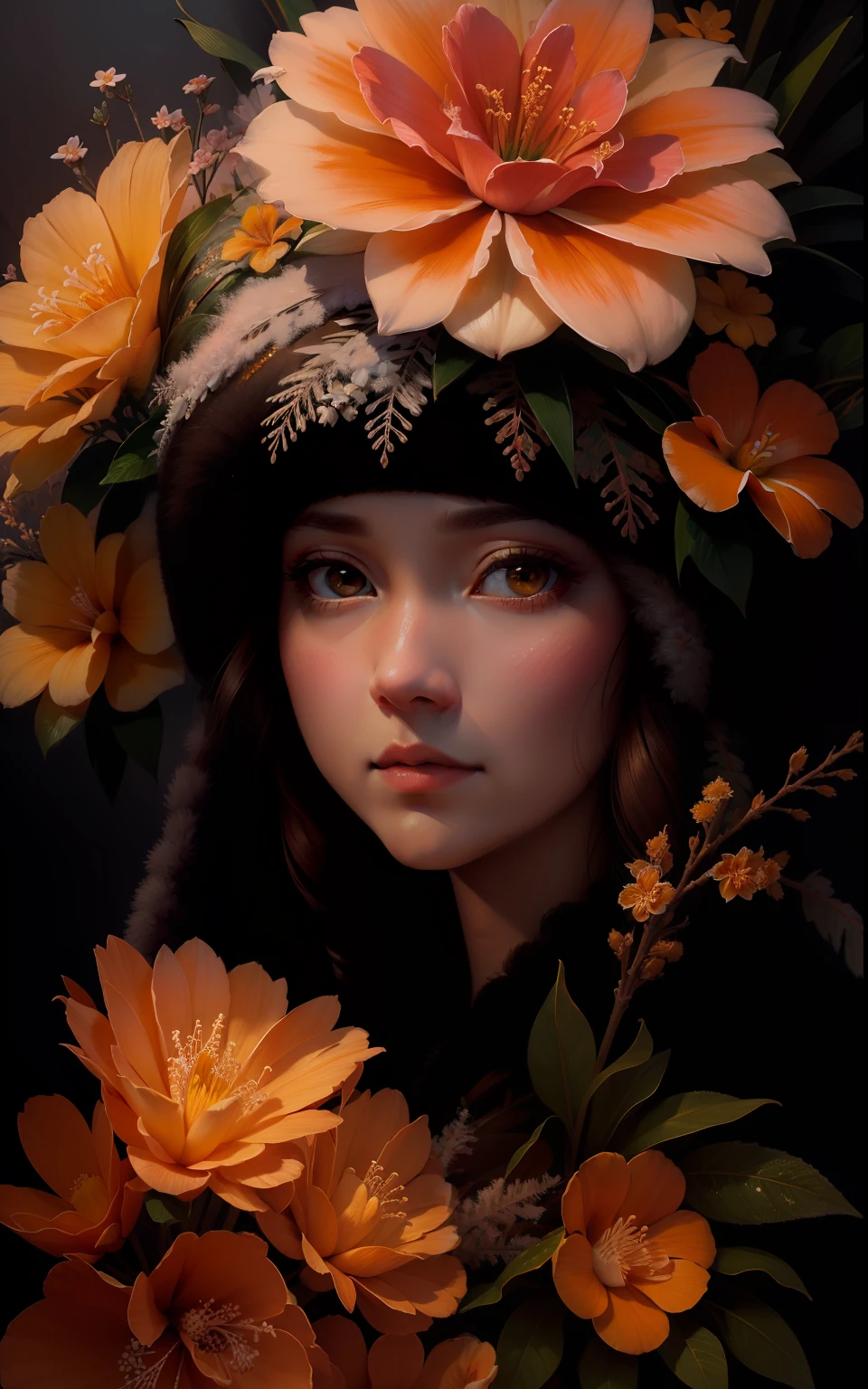 Beautiful detailed frost frost frosty Hawaiian white orange yellow winter queen  20 years soft many pink Hawaiian flowers hyperdetailed portrait 8k Leonardo da Vinci