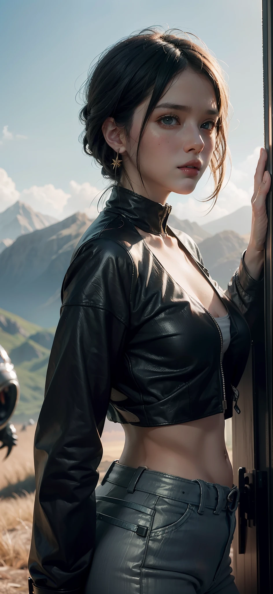 a highly detailed matte painting of a woman on a hill watching a giant alien monster, by makoto shinkai, by artgerm, by wlop, by greg rutkowski, volumetric lighting, octane render, 4k resolution, trending on artstation, masterpiece, hiden face
