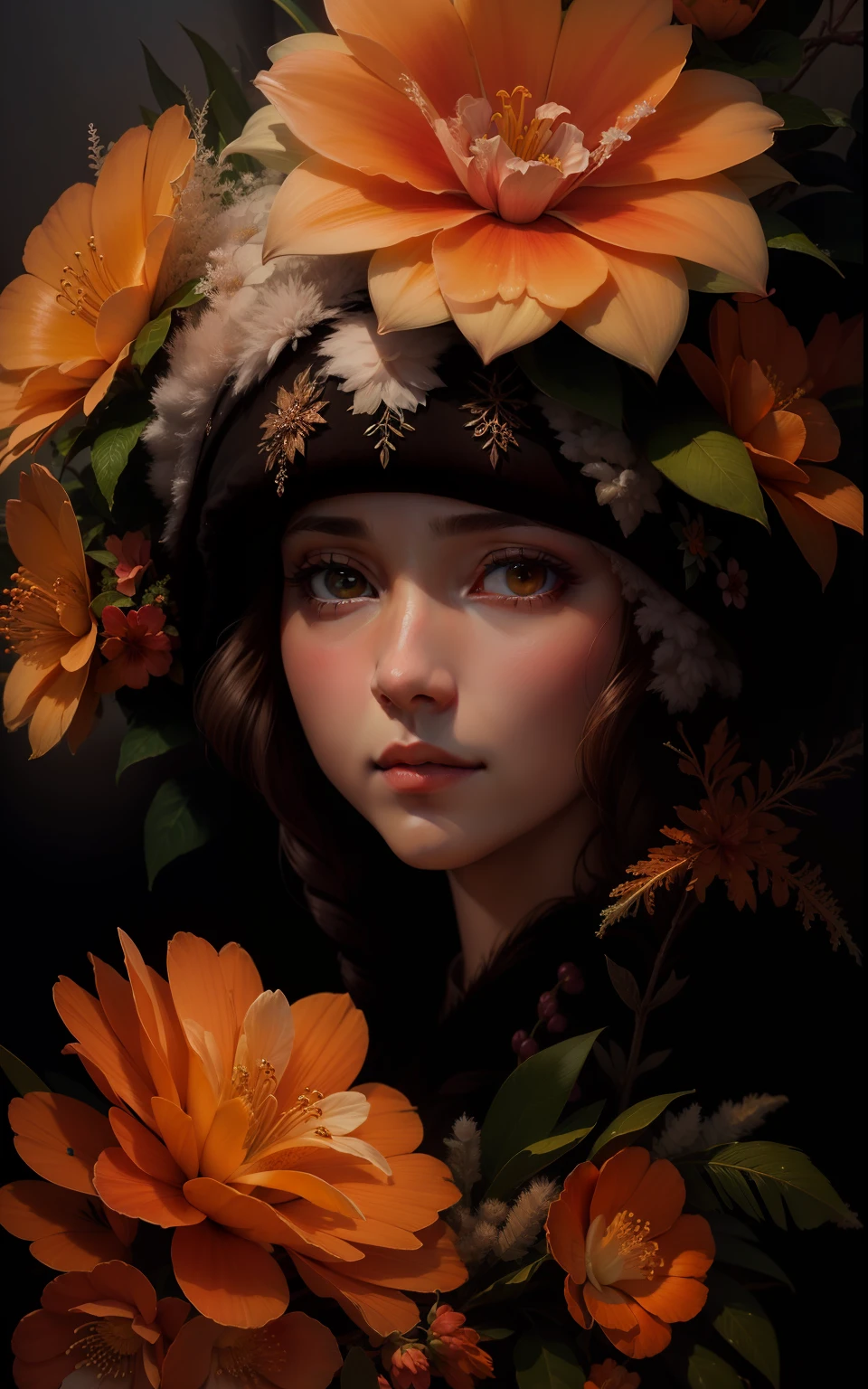 Beautiful detailed frost frost frosty Hawaiian white orange yellow winter queen 20 years soft many pink Hawaiian flowers hyperdetailed portrait 8k Leonardo da Vinci
