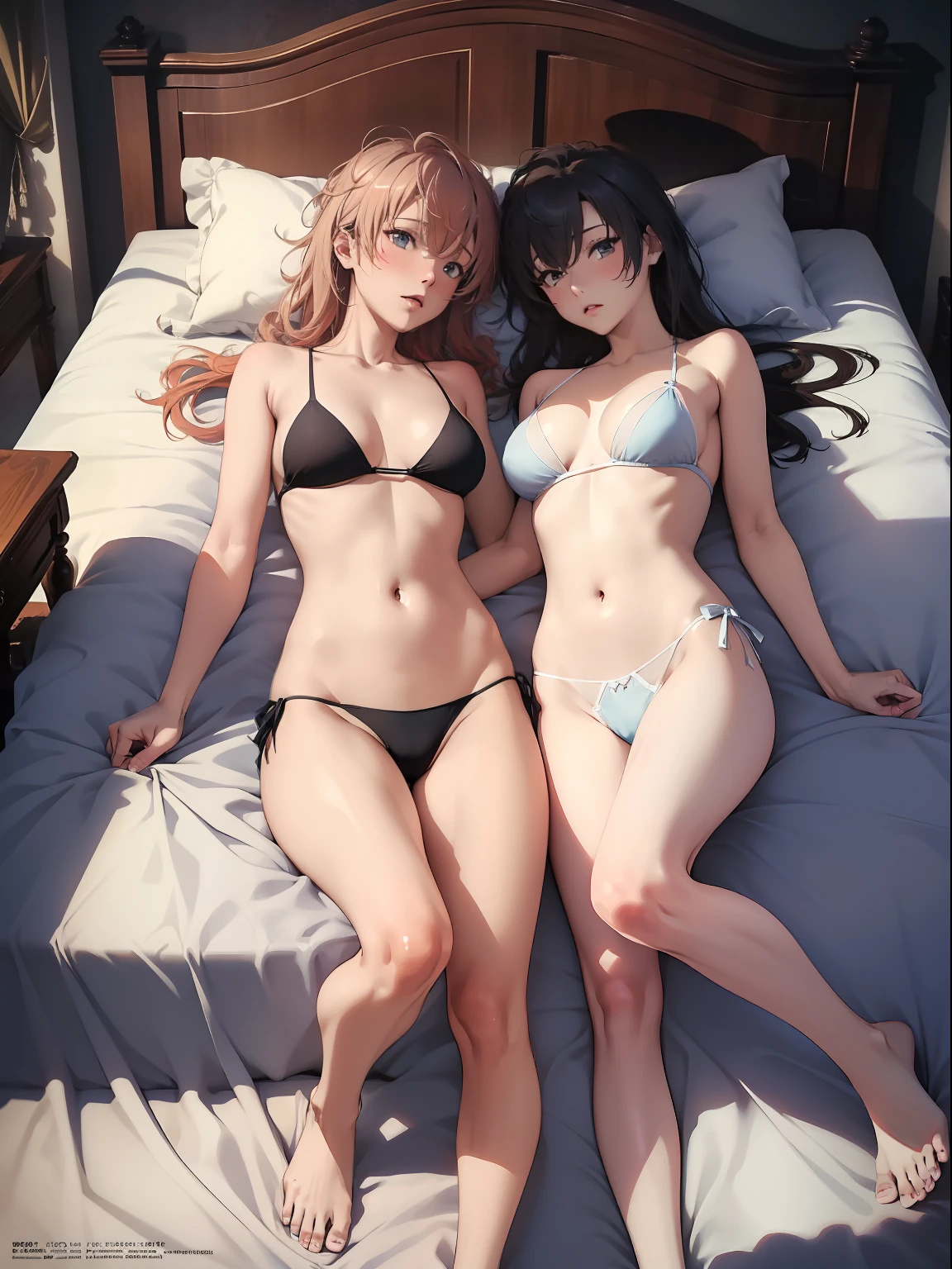 (masterpiece:1.2), 2 beautiful full-body women, 30 years old, perfect bodies, with little clothes, tiny thong, super sensual scene, sexy, sexy pose, very sexy, sexy for, (lying supine on a bed:1.1), (lying beside each other in a bed:1.5), (exausted:1.5), outworn, worn-out