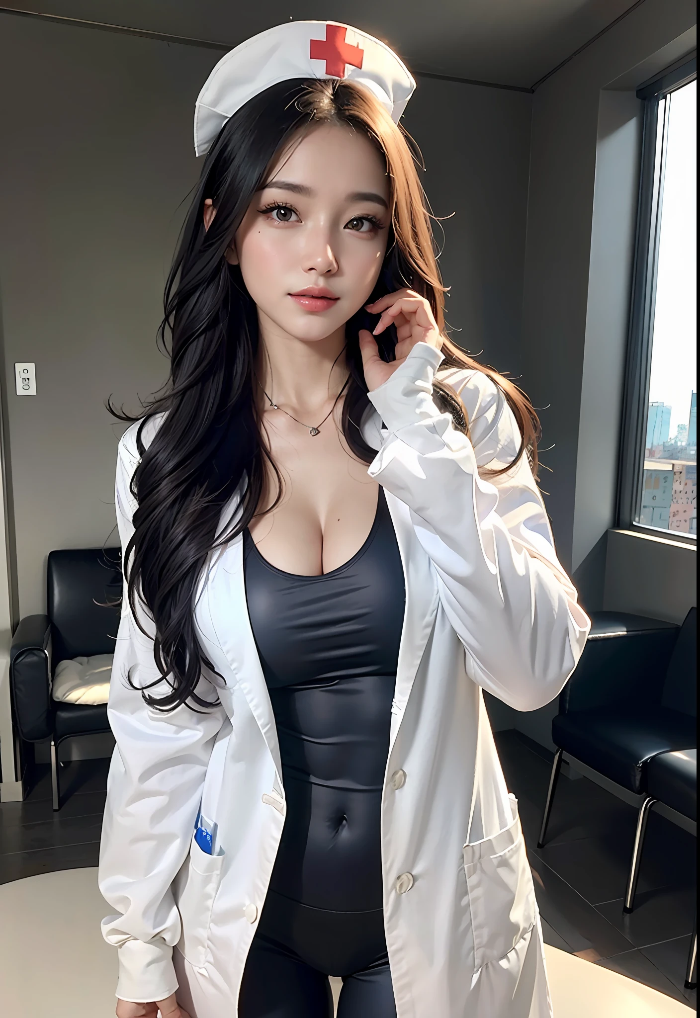 Photorealistic beautiful nurse, lab coat , body suit, 8k, perfect body perfect face perfect hands perfect fingers perfect breasts perfect hair perfect image, realism, detailed, highest resolution hyperrealism vector image ray tracing octane render