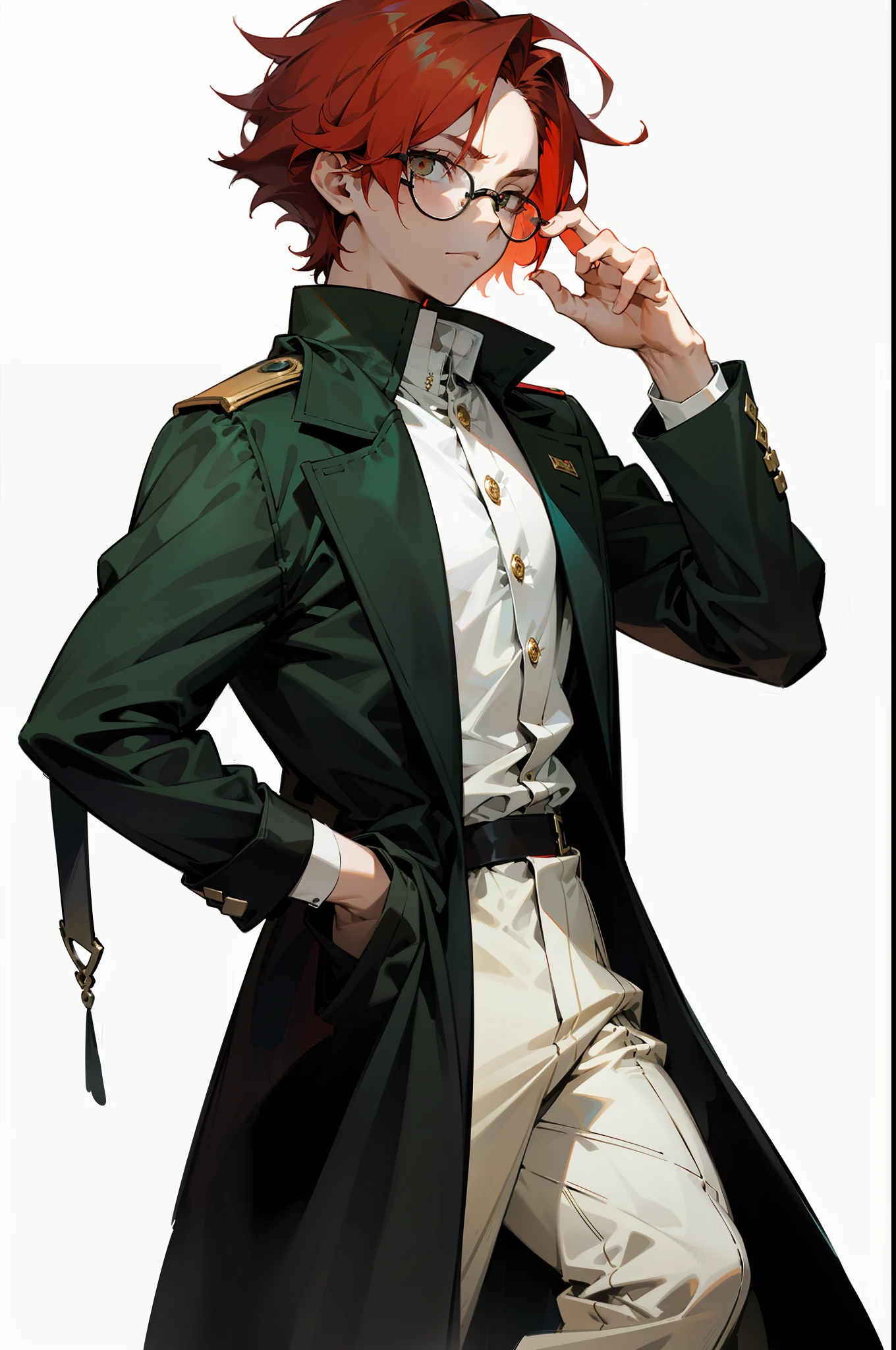 (masterpiece, best quality), Anime boy, young man, solo, 1 boy solo, red hair, messy red hair, messy short red hair, pale skin, dark under eyes, dark eyebags, tired, modern clothes, detailed, glasses, black glasses, dark green eyes, relaxing, simple background, long coat, facing front, facing camera, facing the camera, front view, portrait, dynamic pose, posing, pose