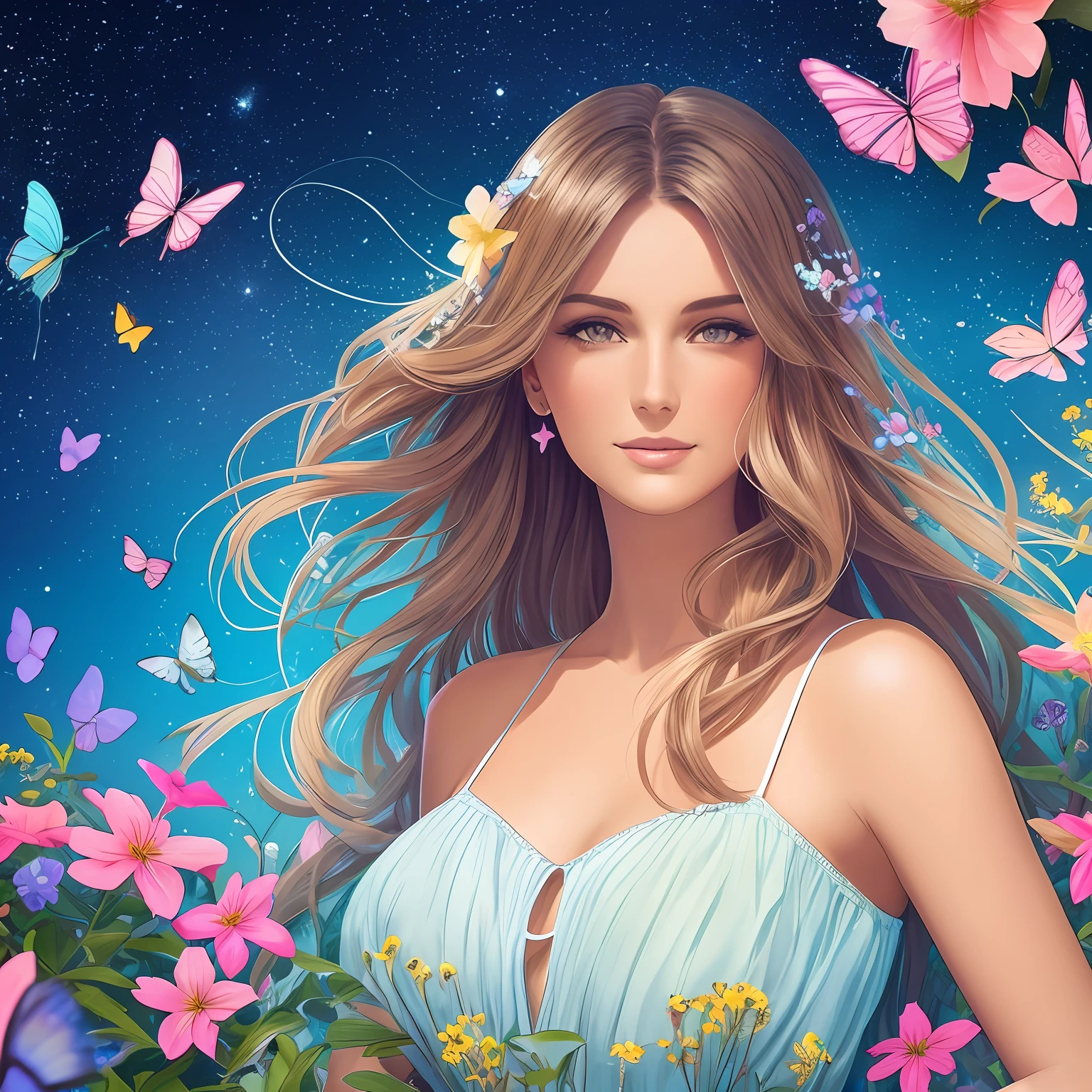 Illustration of pretty woman surrounded by flowers and butterflies. Summer concept, Eau, starrysky --auto