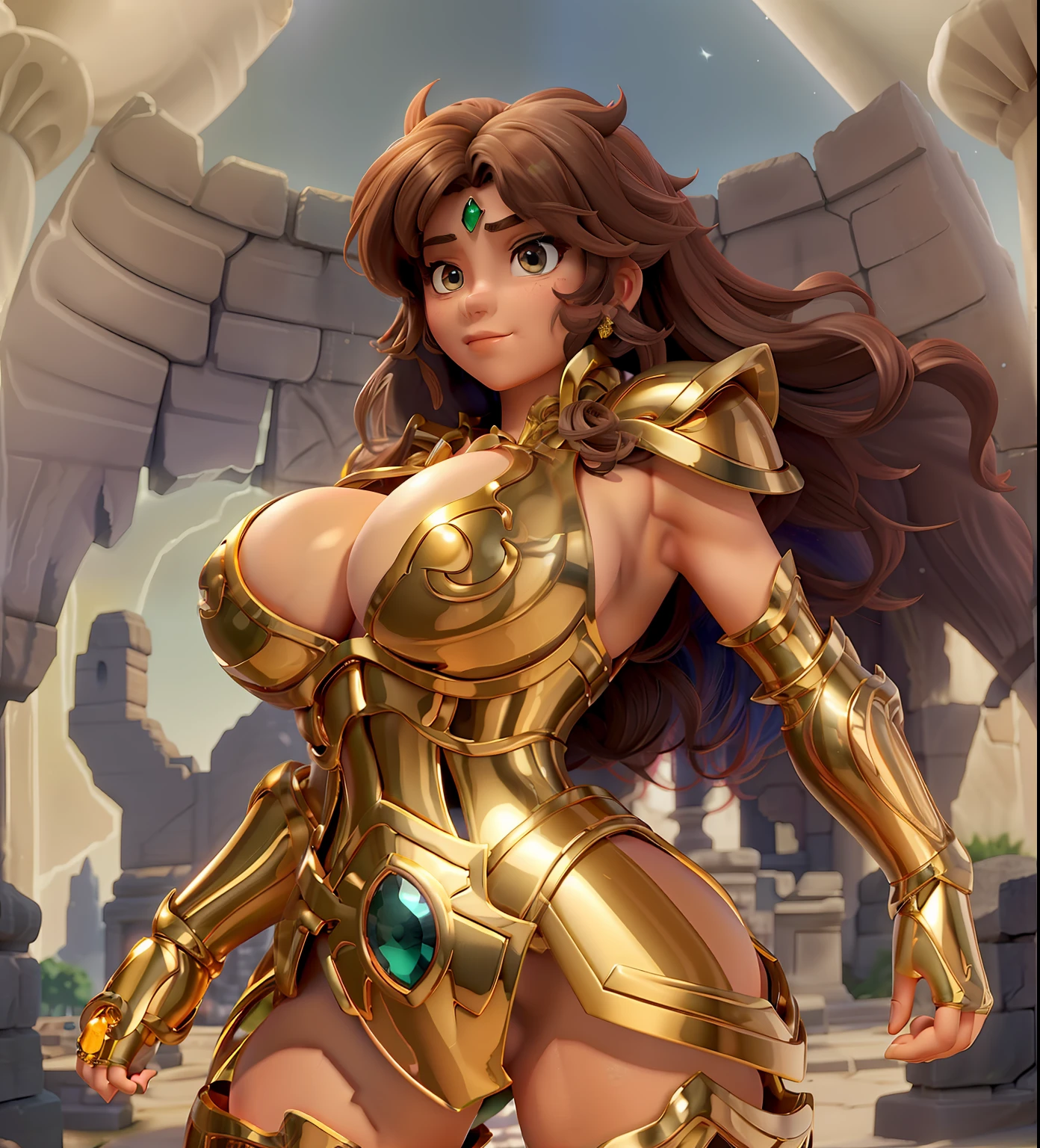 Ultra-high saturation(tmasterpiece), fully body photo,(best qualtiy),(1girll),super wide shot, sface focus, Wearing gold Leo armor,Stone palace background sexy armor,No underwear,Naked,Bling armor,Fine fine skin,Plump breasts,Expose your chest,Expose the waistline,Exposing thighs,cool-pose, Saint Seiya Armor, messy hair,highly detailed realistic photograph of, (((cellshading))), god light, super sharp focus, Ultra high quality, vibrant, (extremely giant breasts:1.7), (Bare breasts:1.4), , Long hair, (Shiny skin:1.4), shiny lip, Very big ass, Symmetrical detail face, shades, Sexy, Masterpiece,Ultra-high saturation,hight contrast,High-gloss armor,Smooth skin,Grim expression,Brown hair