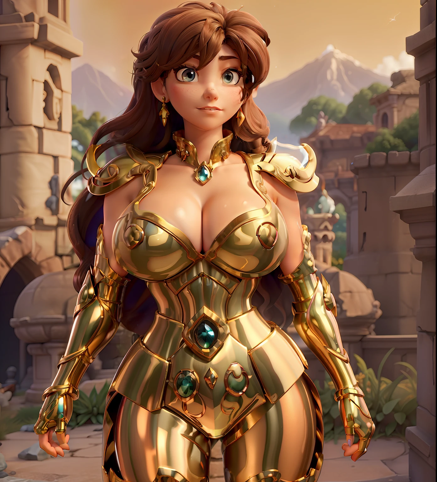 Ultra-high saturation(tmasterpiece), fully body photo,(best qualtiy),(1girll),super wide shot, sface focus, Wearing gold Leo armor,Stone palace background sexy armor,No underwear,Naked,Bling armor,Fine fine skin,Plump breasts,Expose your chest,Expose the waistline,Exposing thighs,cool-pose, Saint Seiya Armor, messy hair,highly detailed realistic photograph of, (((cellshading))), god light, super sharp focus, Ultra high quality, vibrant, (extremely giant breasts:1.7), (Bare breasts:1.4), , Long hair, (Shiny skin:1.4), shiny lip, Very big ass, Symmetrical detail face, shades, Sexy, Masterpiece,Ultra-high saturation,hight contrast,High-gloss armor,Smooth skin,Grim expression,Brown hair