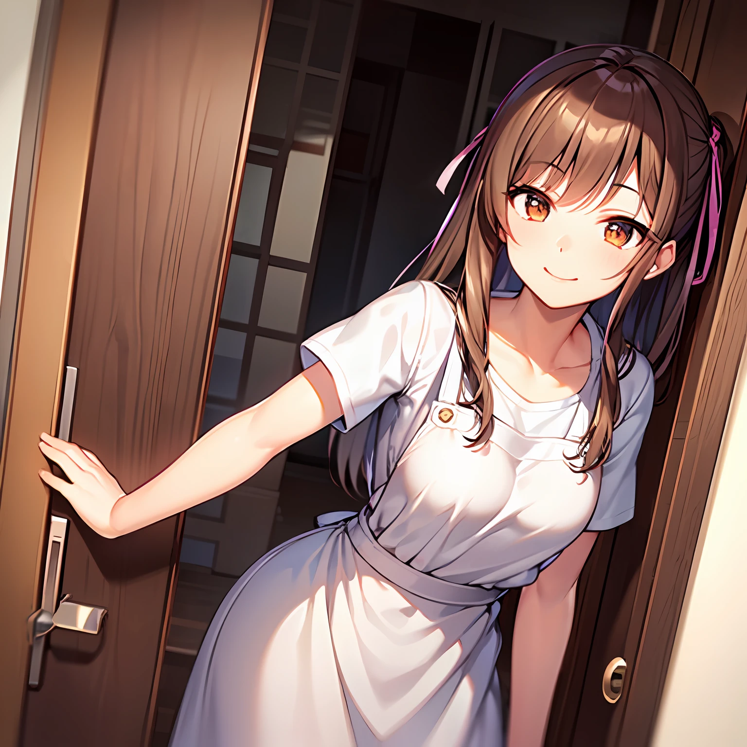1girl in, top-quality, Very delicate, Height 148cm, Bust 85cm, Waist 56cm, Hip 85cm, F-cup, 23years old, very baby face, brown-haired, Middle Long Hair, White lace hair ribbon、Border T-shirt、Wearing an apron、Denim skirt、In front of the entrance of a simple apartment in a modern style、Open the door and say hello、Happy smile、Front Angle