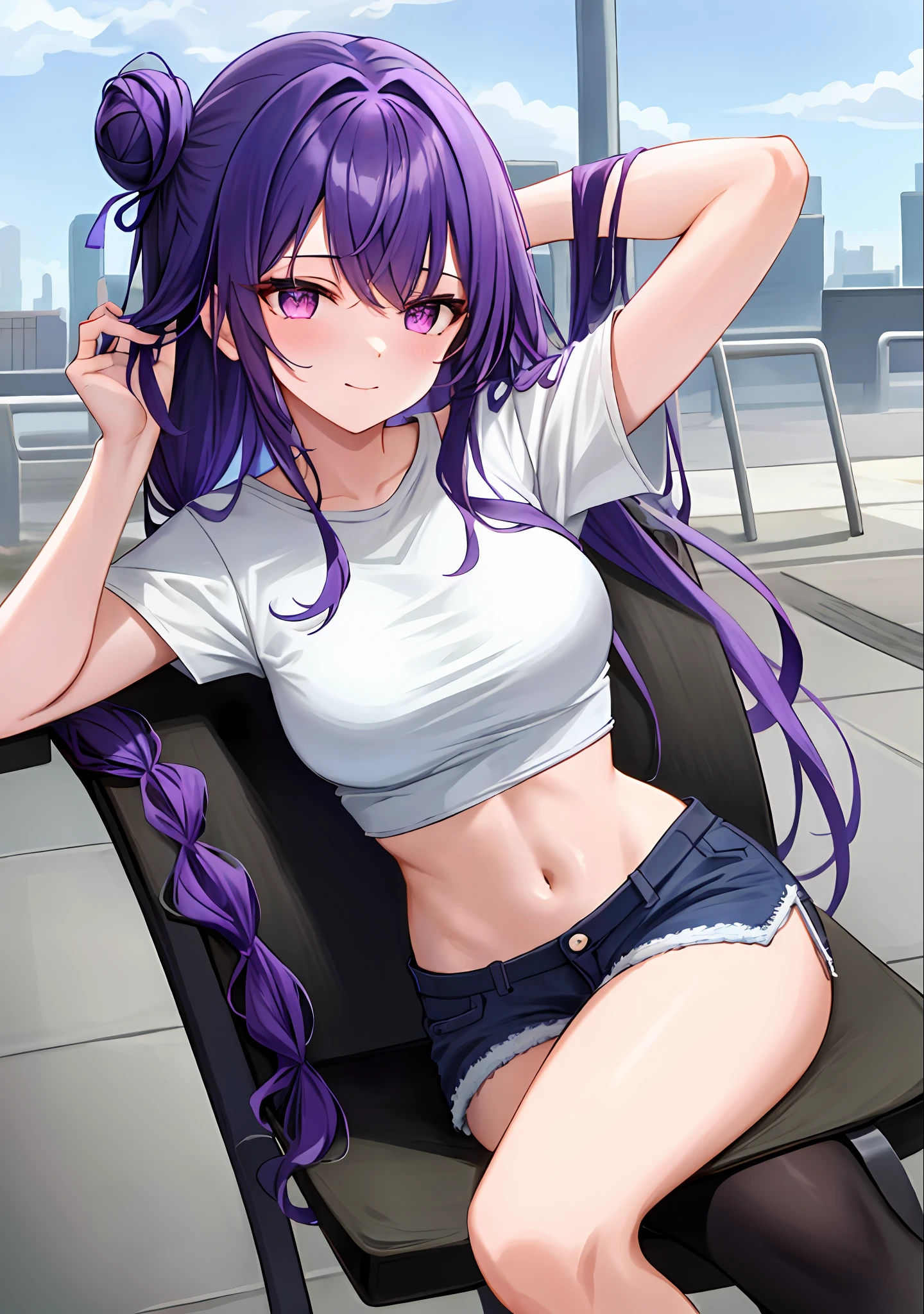 (masterpiece, best quality, ultra-detailed), keqing \(genshin impact\), (purple hair), cone hair bun, twin tails, long hair, swept bangs, braid, braided bangs, purple eyes, pink eyes,
(wearing a t-shirt:1.2), sitting on a chair outside of caf, embracing the natural beauty, sunlight, beautiful cloudy sky, city, street, denim shorts, black stocking,
medium breasts, thick thighs, critical angle, cowboy shot, arm behind head, arm behind back, armpits, light smile, crop top, strong and seductive expressions,,